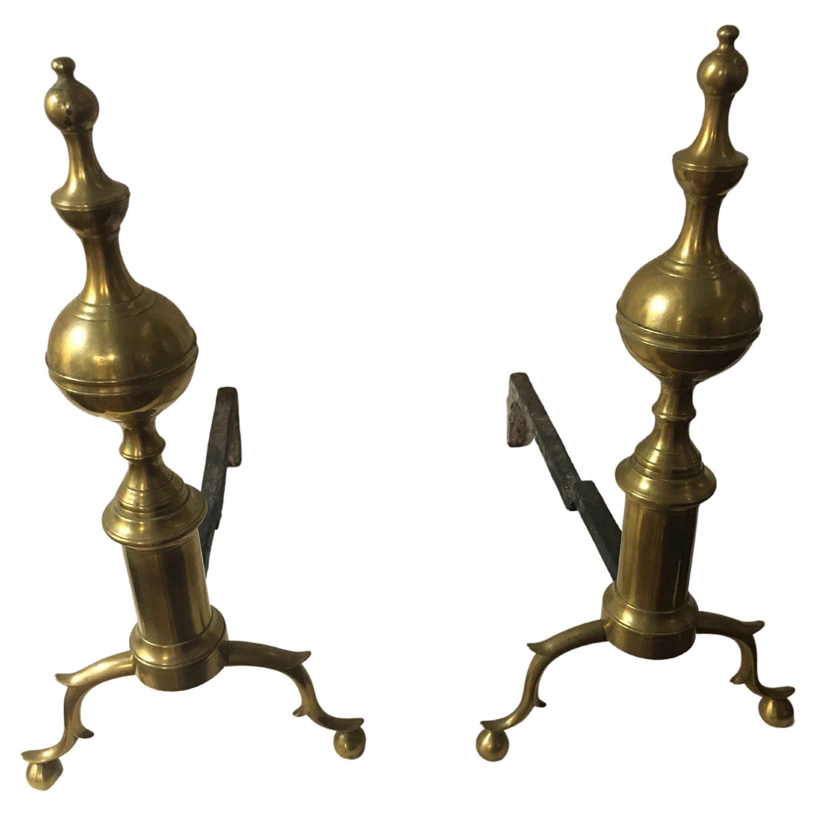 18th c American Chippendale Tall Brass Andiron Firedog Pair For Sale