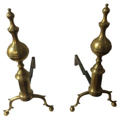 Antique 18th c American Chippendale Tall Brass Andiron Firedog Pair