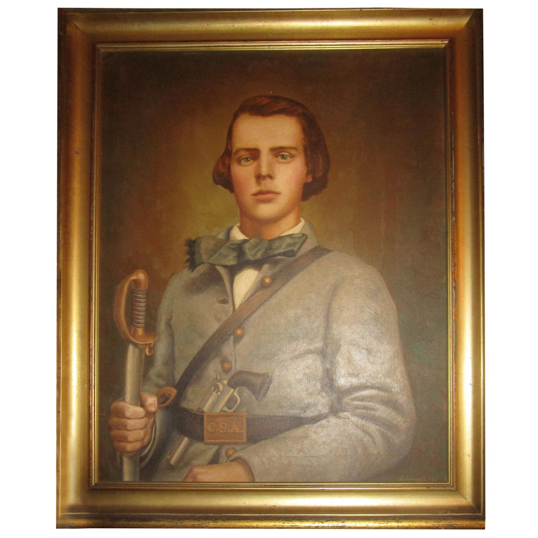 19th C American Civil War Confederate Soldier Framed Oil Painting w/ Provenance