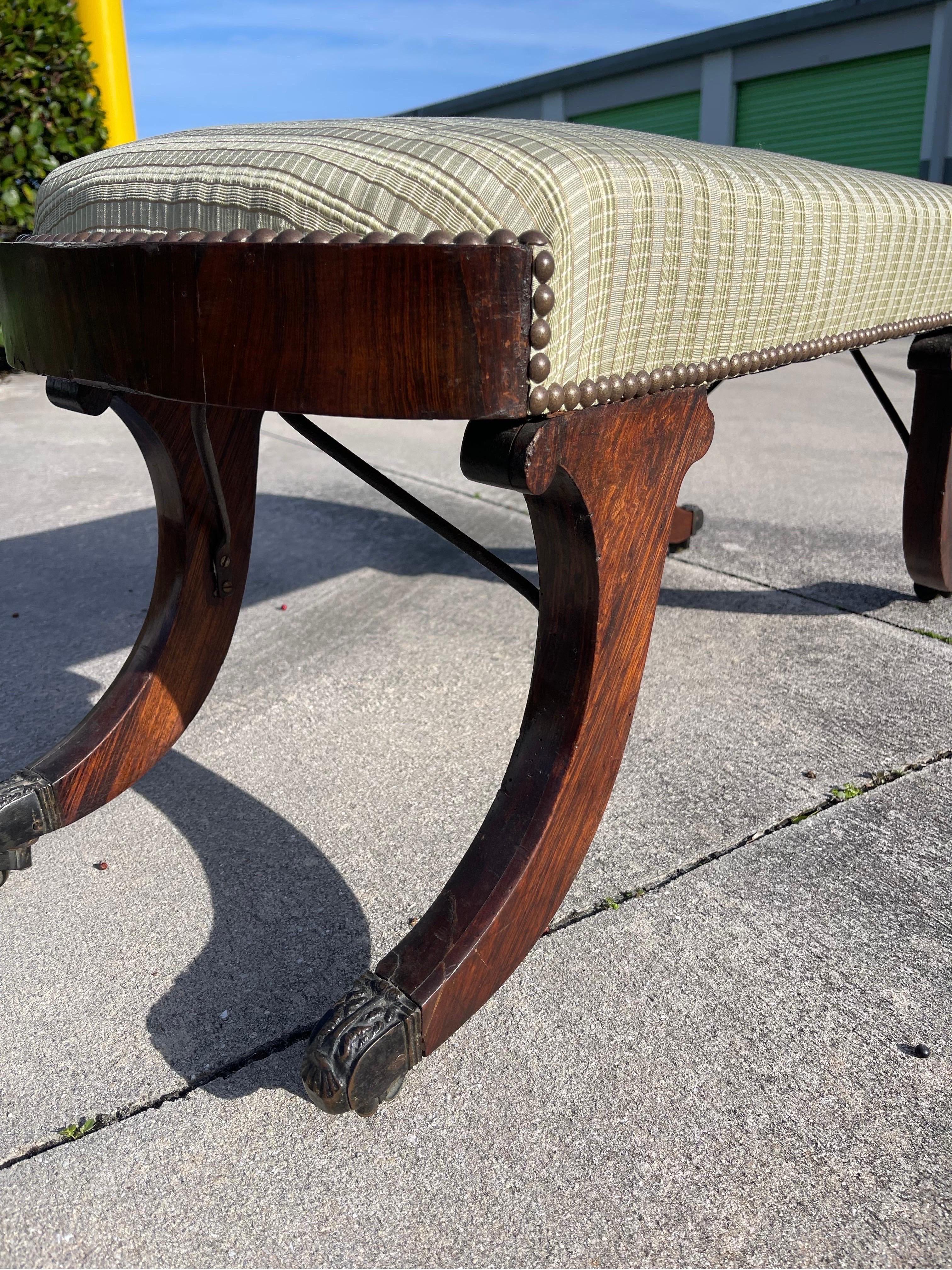 19th C. American Empire Carved Rosewood Bench on Casters, Duncan Phyfe Style For Sale 5