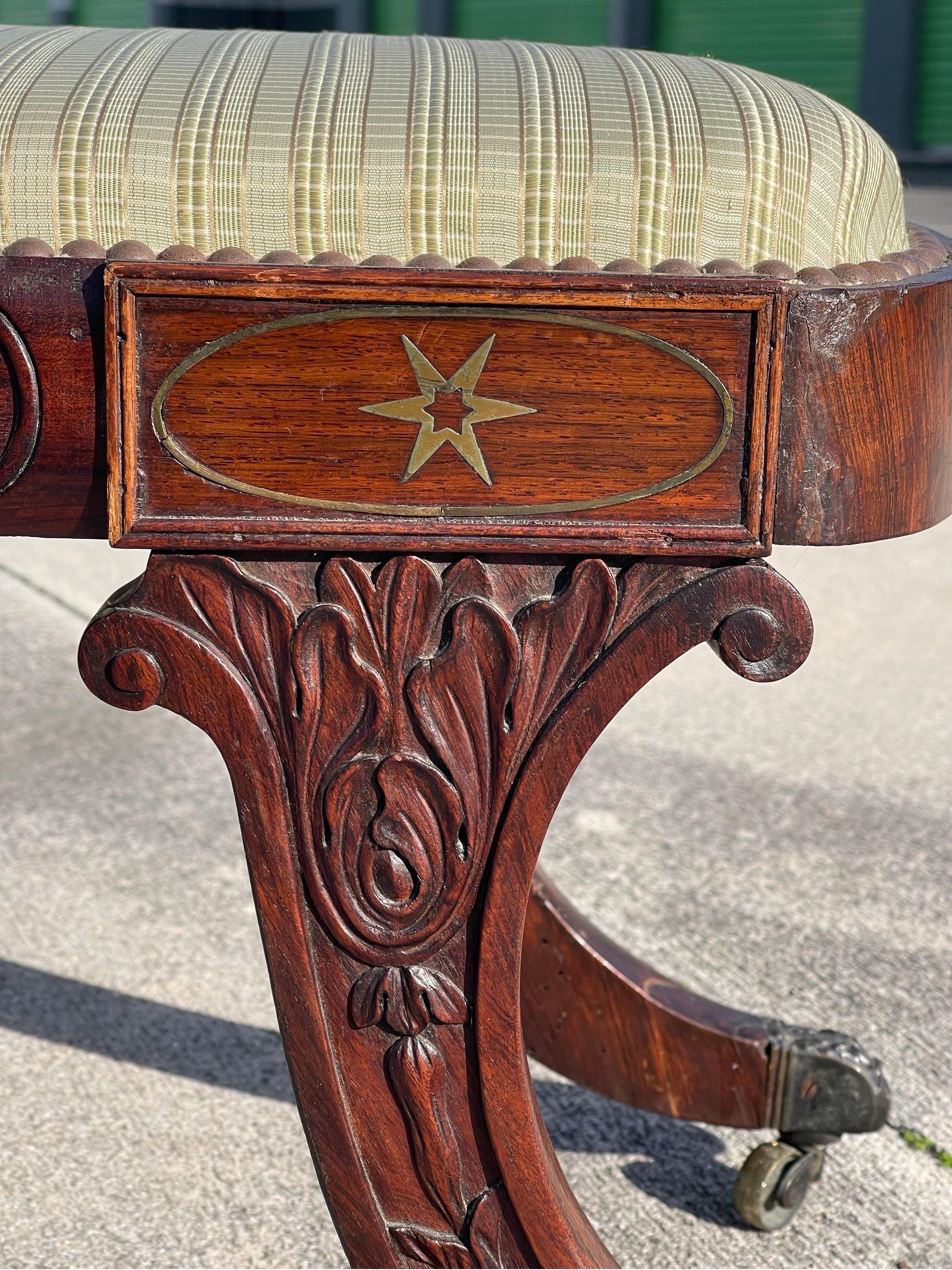 19th C. American Empire Carved Rosewood Bench on Casters, Duncan Phyfe Style In Good Condition For Sale In Jensen Beach, FL