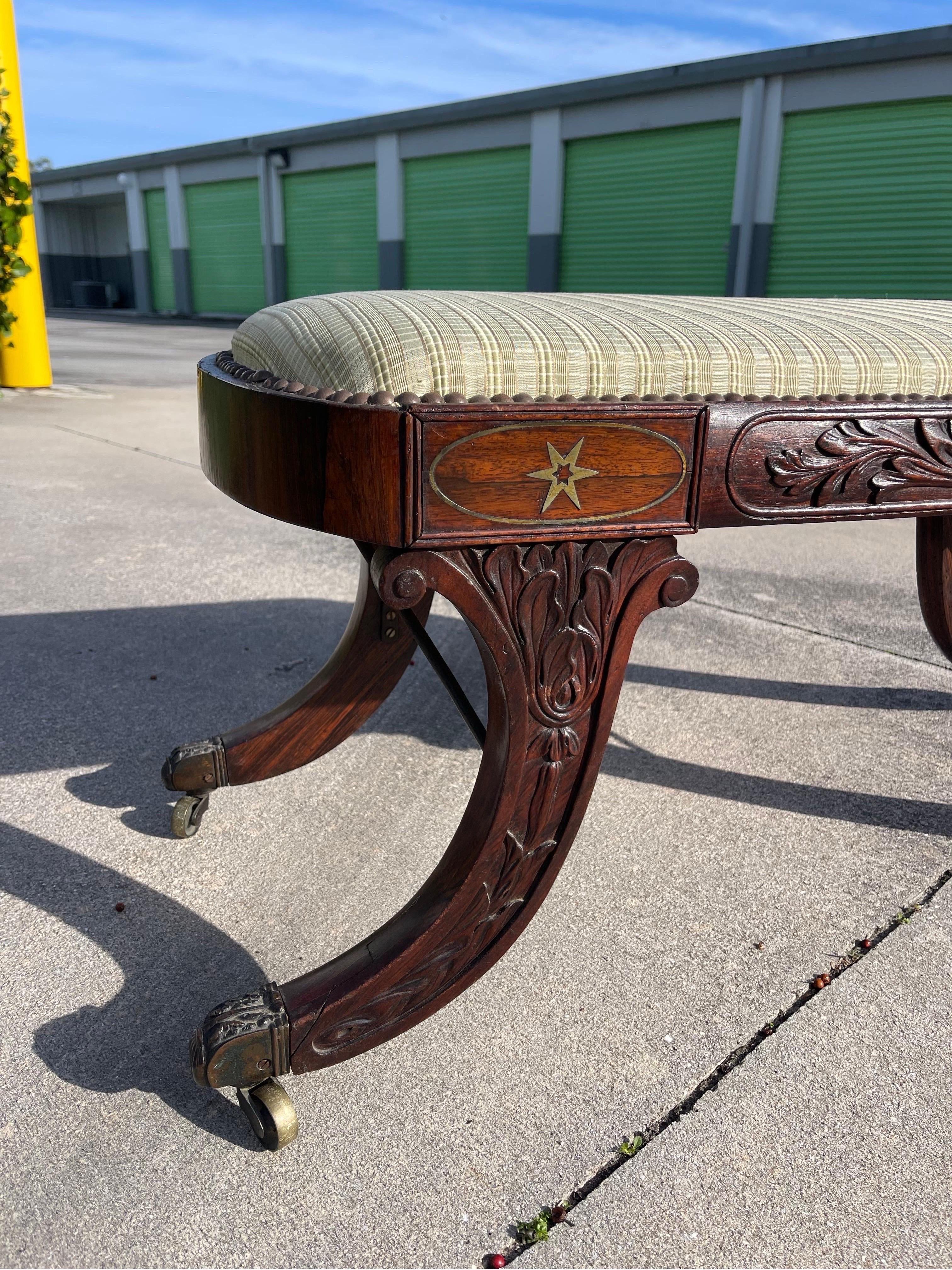 19th C. American Empire Carved Rosewood Bench on Casters, Duncan Phyfe Style For Sale 1