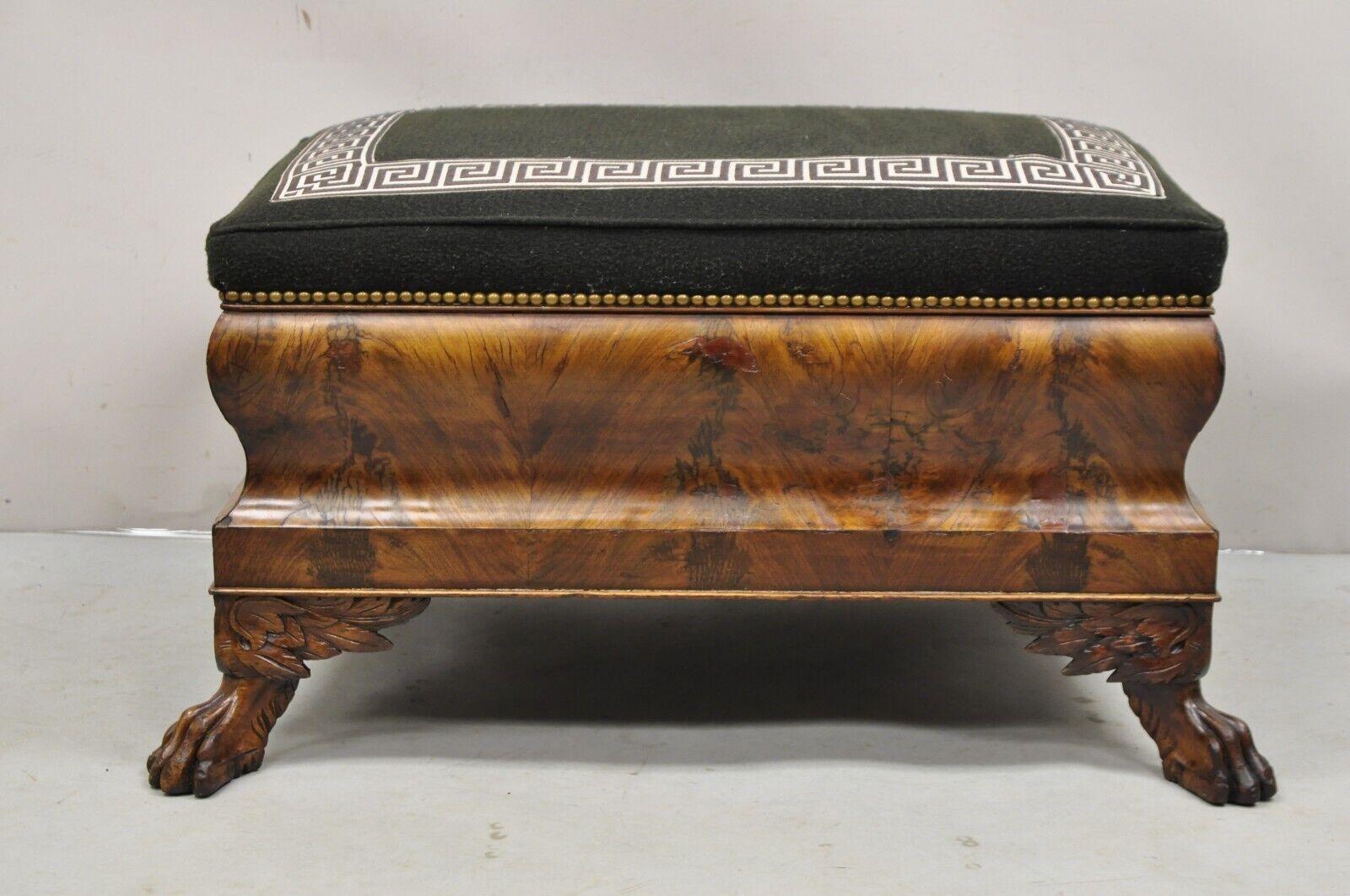 19th C. American Empire Carved Winged Paw Foot Mahogany Large Box Stool Ottoman For Sale 9