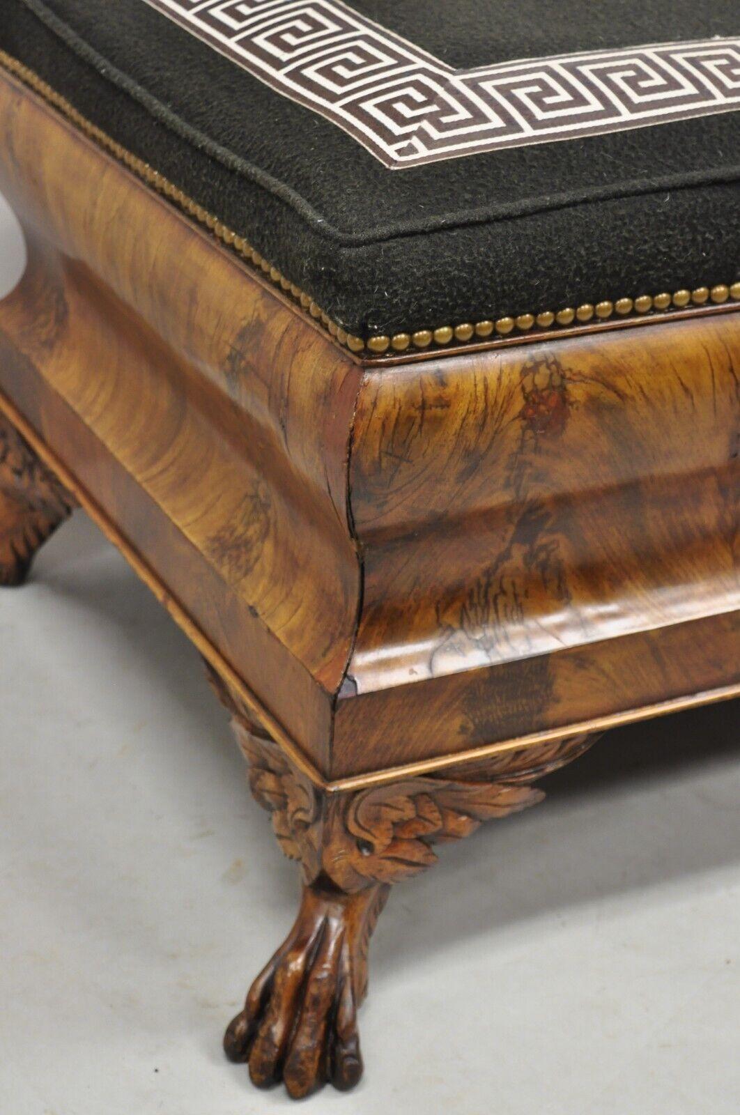 19th C. American Empire Carved Winged Paw Foot Mahogany Large Box Stool Ottoman For Sale 2