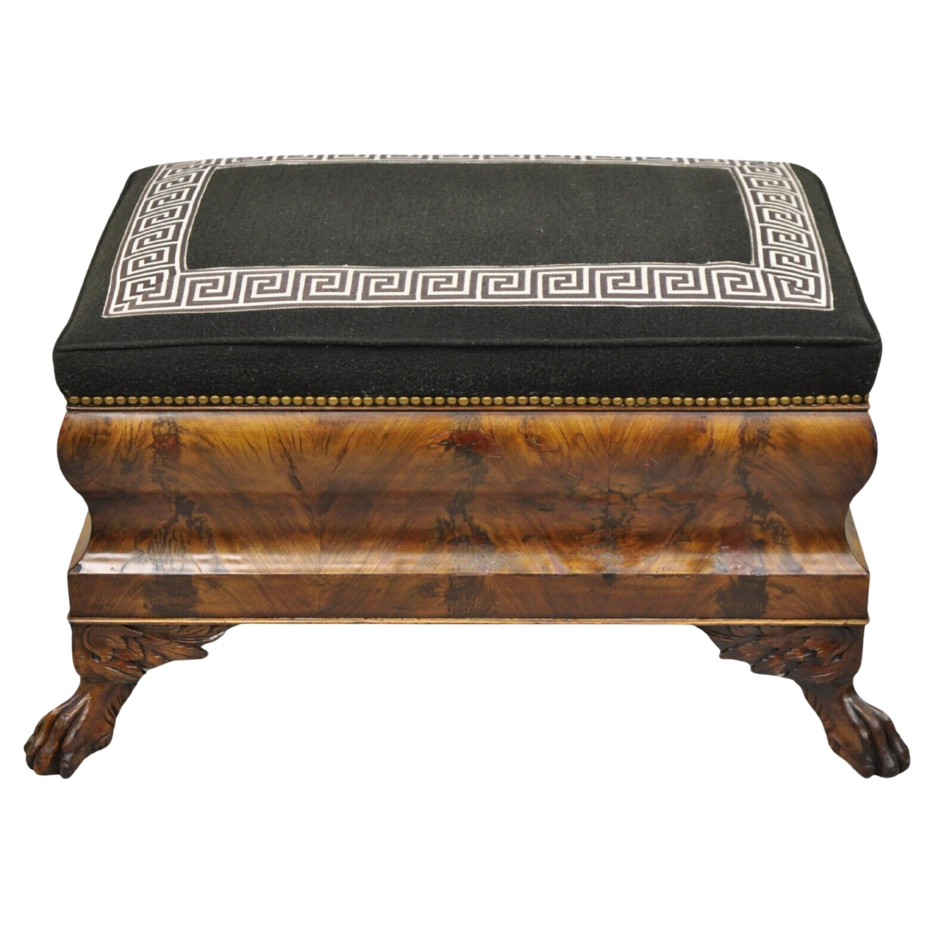 19th C. American Empire Carved Winged Paw Foot Mahogany Large Box Stool Ottoman For Sale