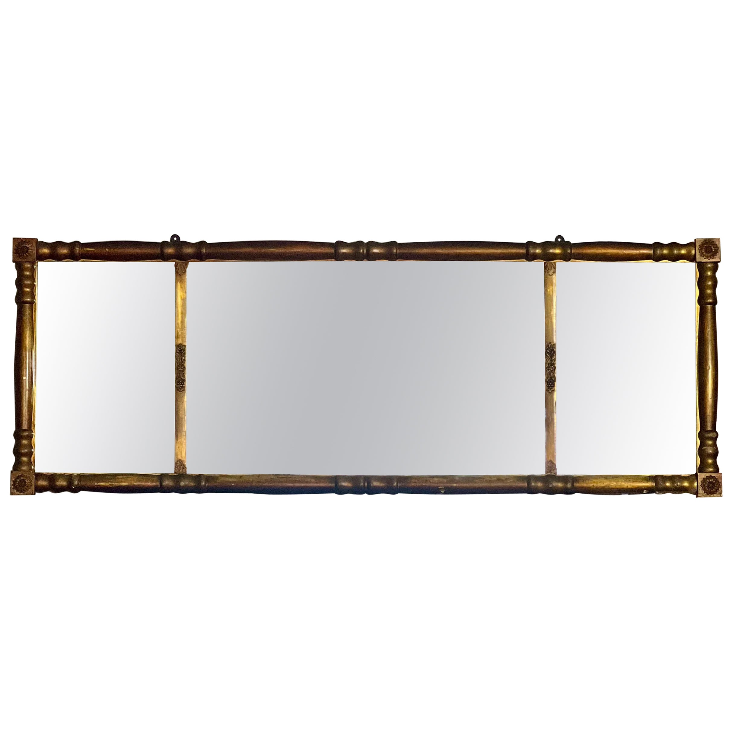 19th C. American Empire Column Form Giltwood Over Mantle Triptych Wall Mirror