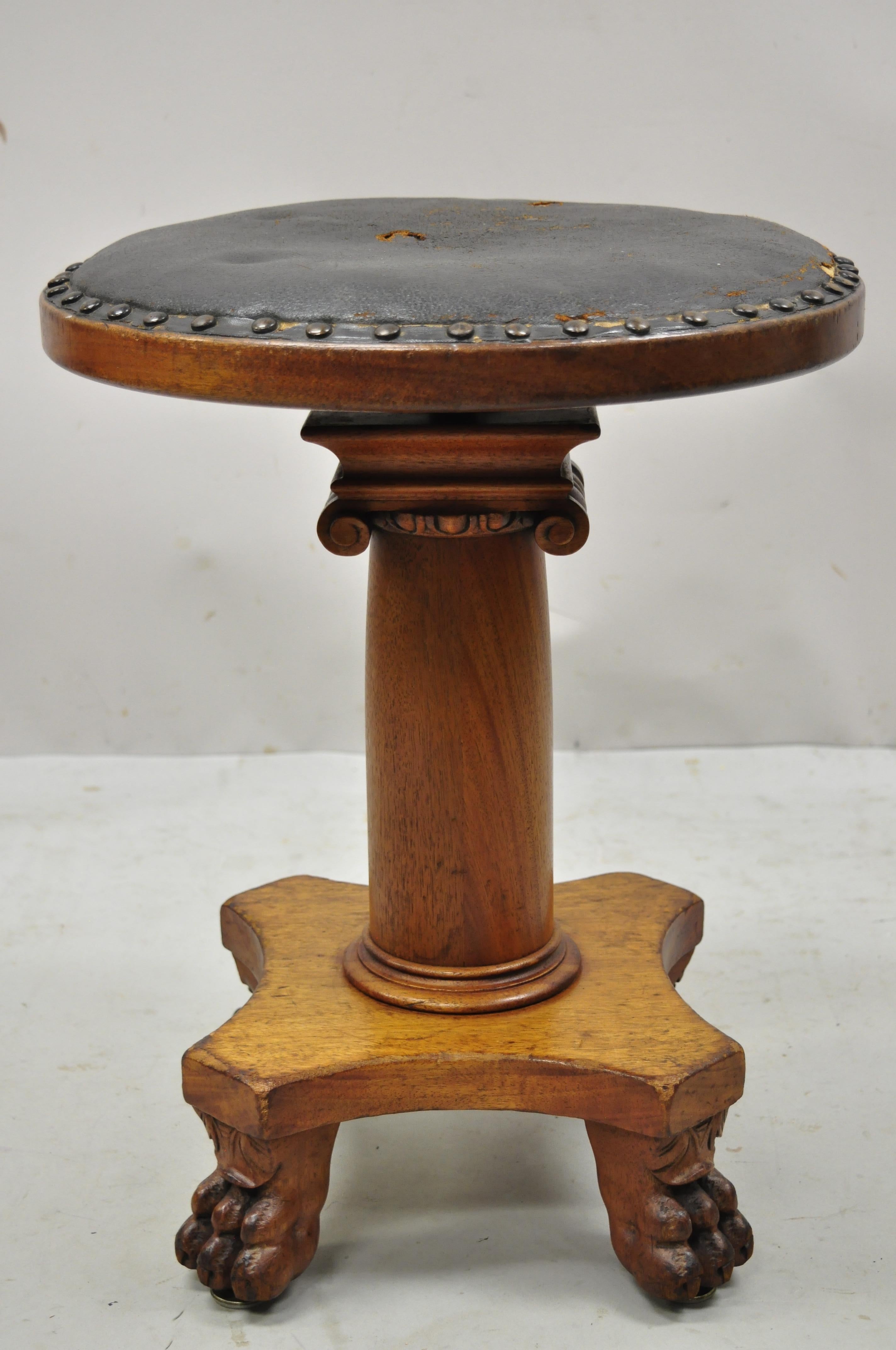 19th C. American Empire Mahogany Carved Column Paw Feet Swivel Leather Stool For Sale 6