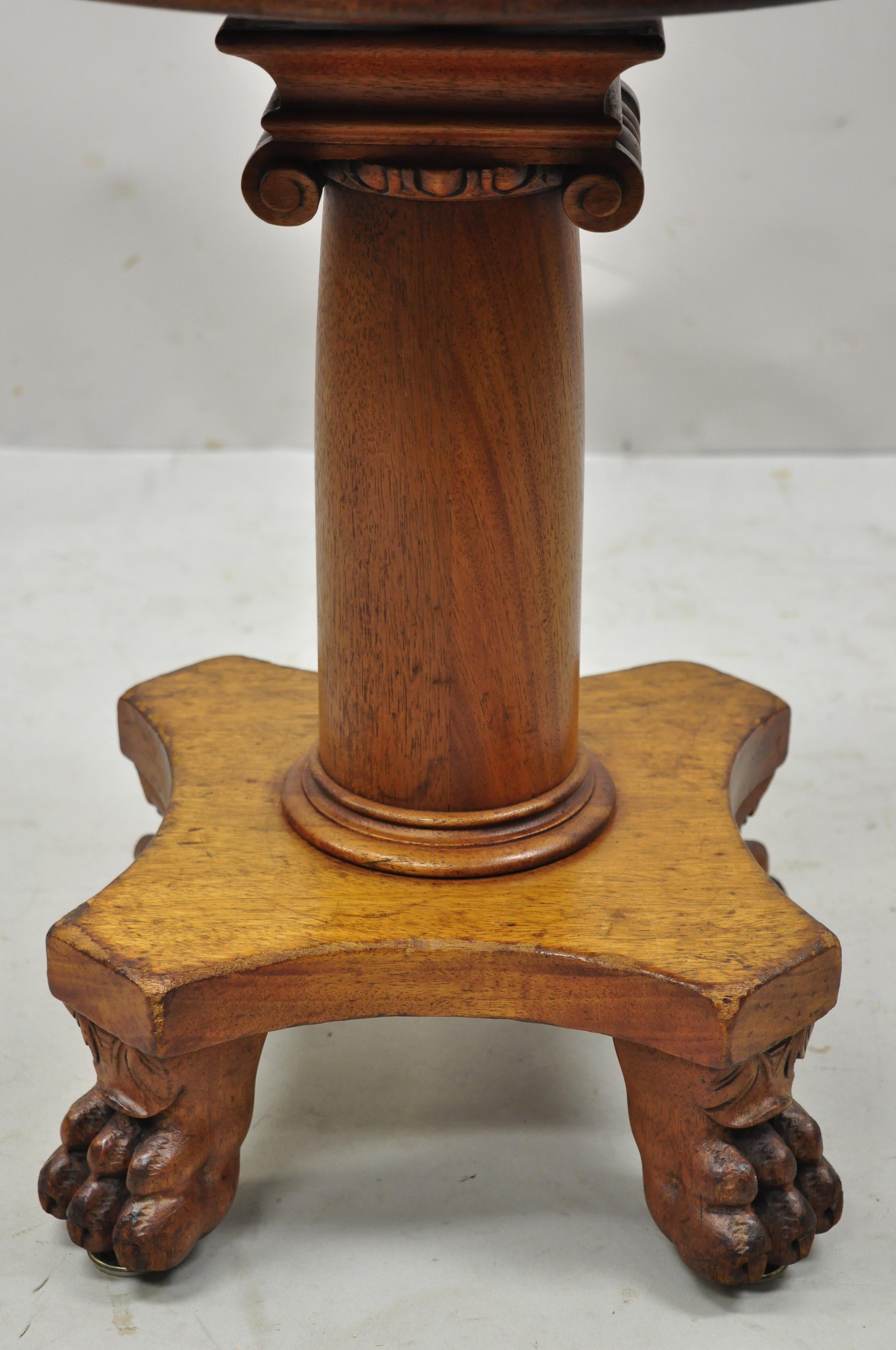 19th C. American Empire Mahogany Carved Column Paw Feet Swivel Leather Stool In Good Condition For Sale In Philadelphia, PA