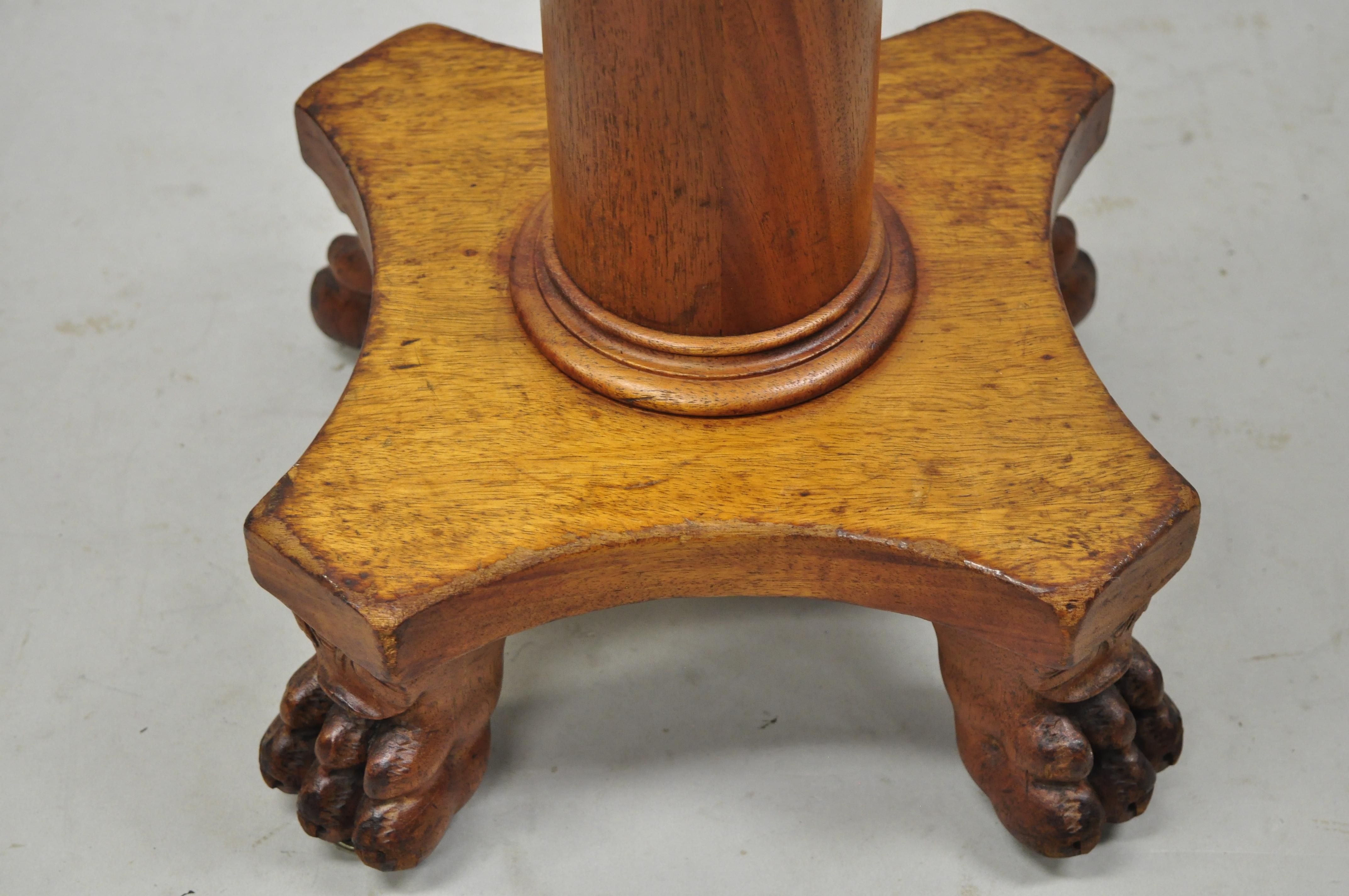 19th C. American Empire Mahogany Carved Column Paw Feet Swivel Leather Stool For Sale 1