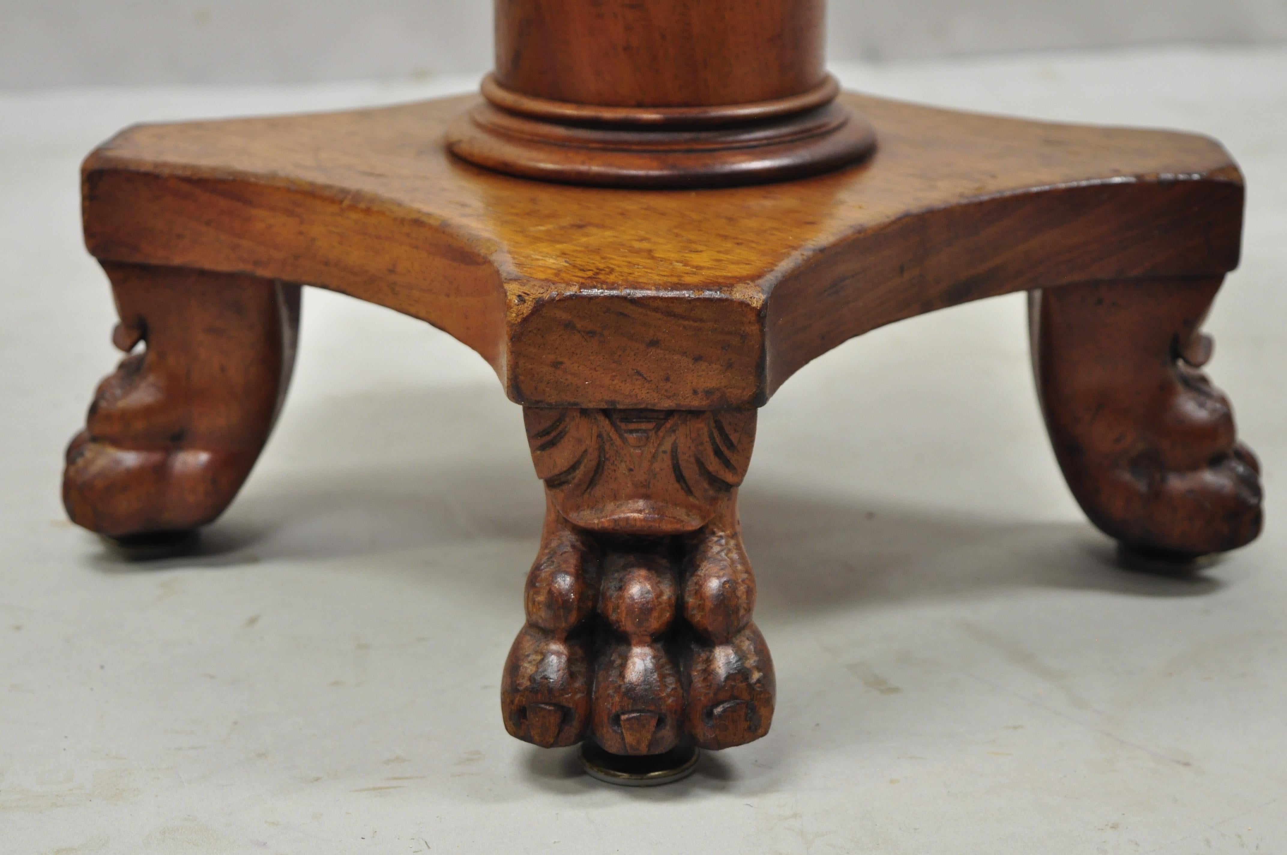19th C. American Empire Mahogany Carved Column Paw Feet Swivel Leather Stool For Sale 2