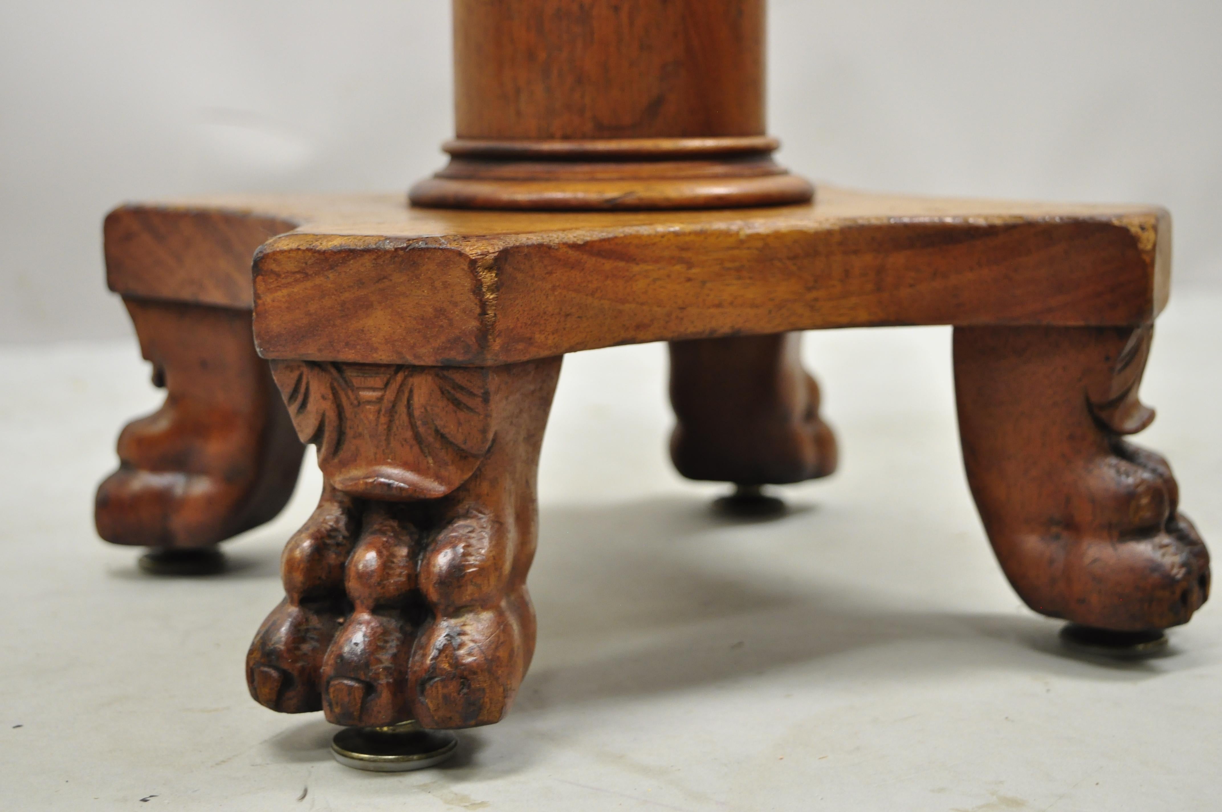19th C. American Empire Mahogany Carved Column Paw Feet Swivel Leather Stool For Sale 4