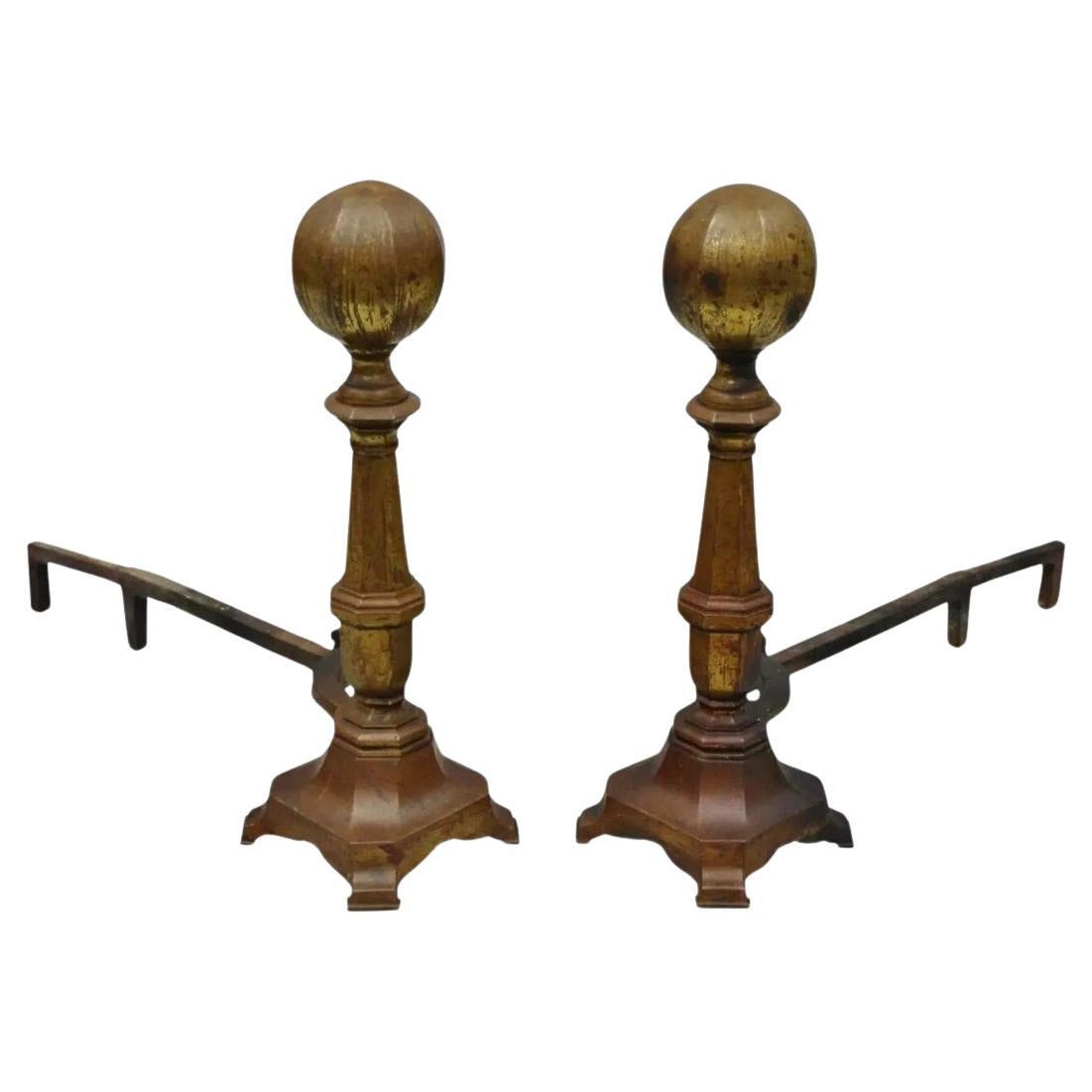 19th C. American Federal Brass Cannonball Andirons with Aged Patina - a Pair