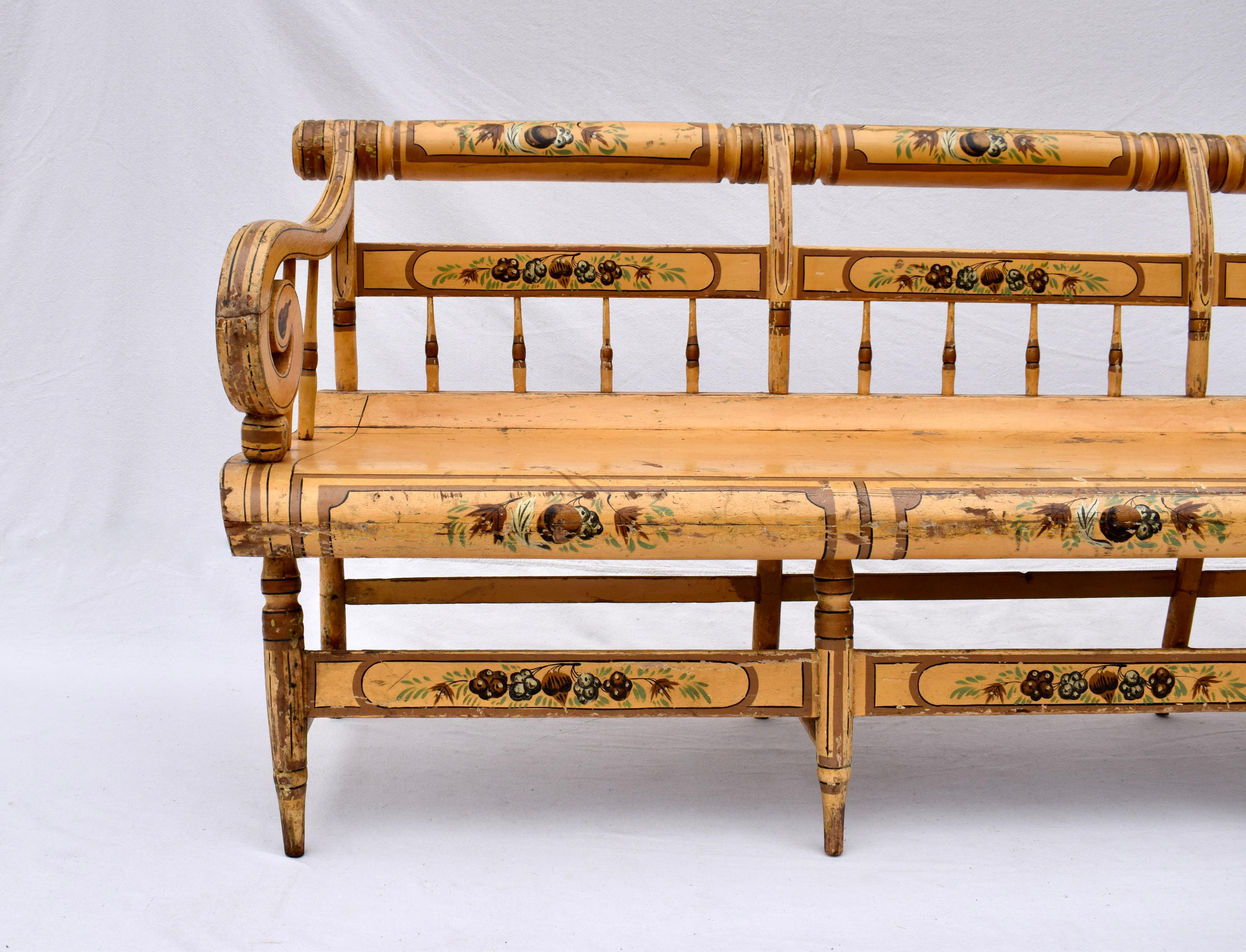 Hand-Painted 19th C. American Federal Floral Painted Bench For Sale