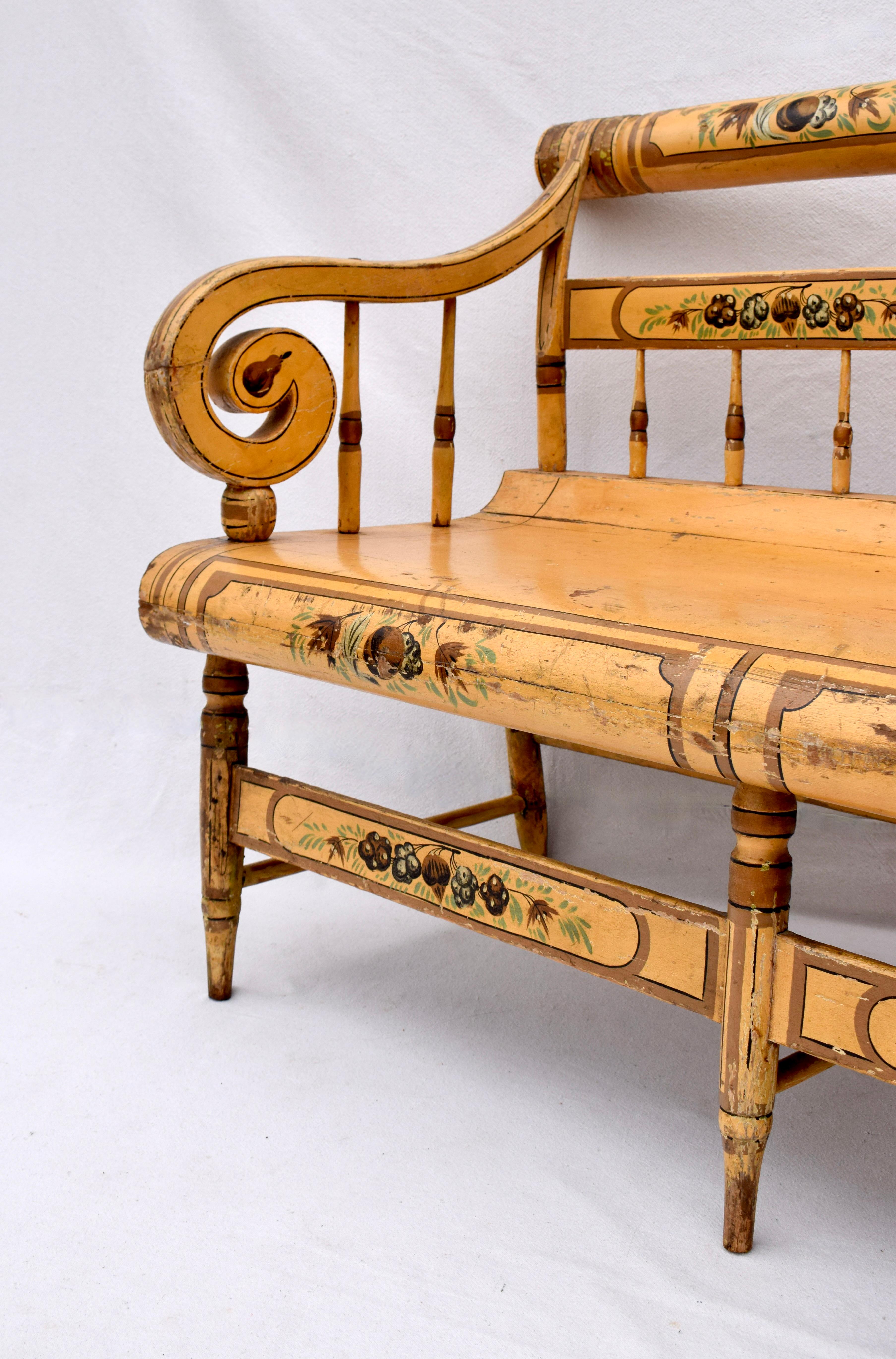 Wood 19th C. American Federal Floral Painted Bench For Sale