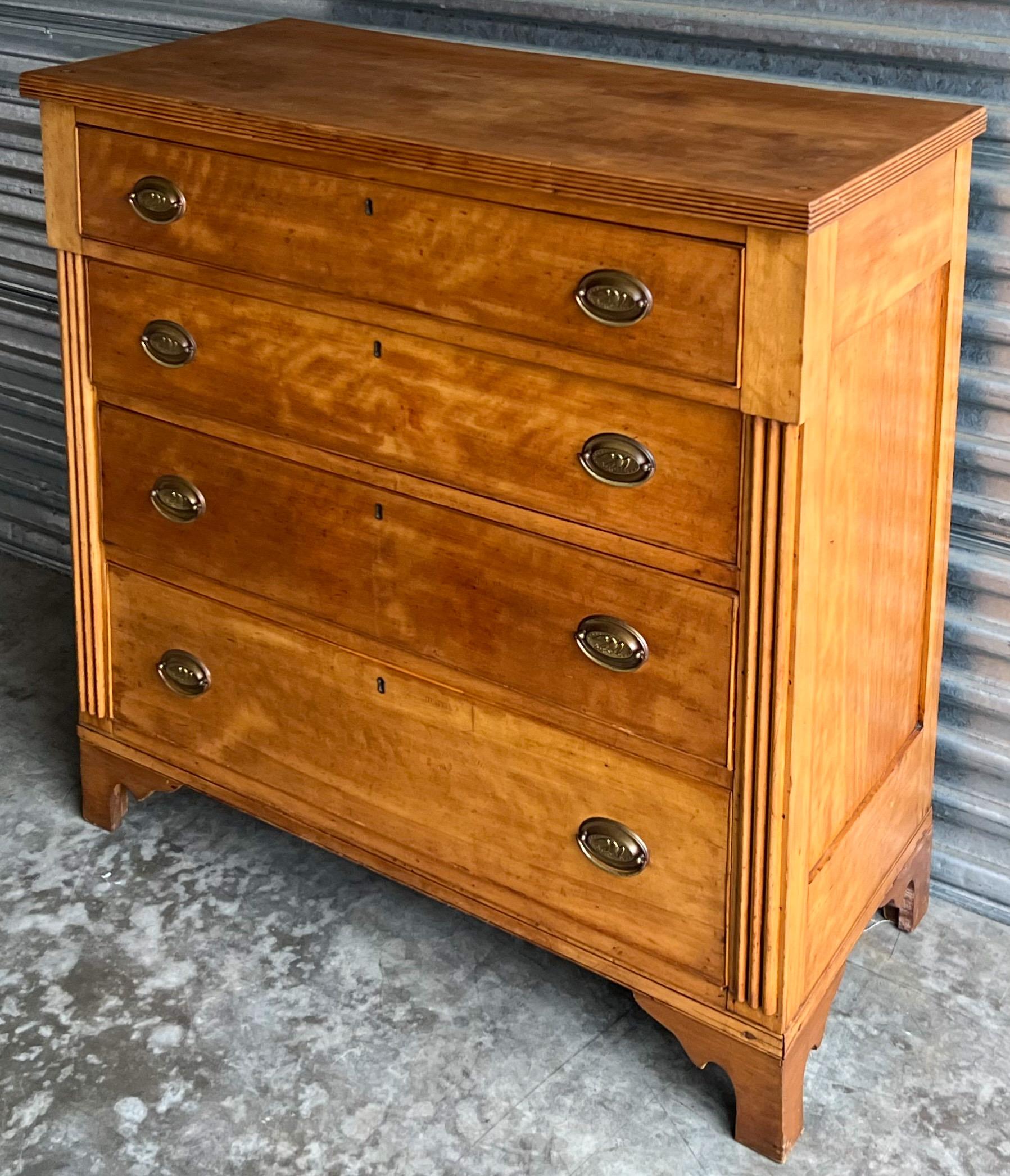 This is a timeless piece. It is a 19th century tiger maple chest of drawers. Note the feet and fluting! It also has peg construction. The hardware may or may not be original. It is in very good antique condition.

My shipping is for the Continental