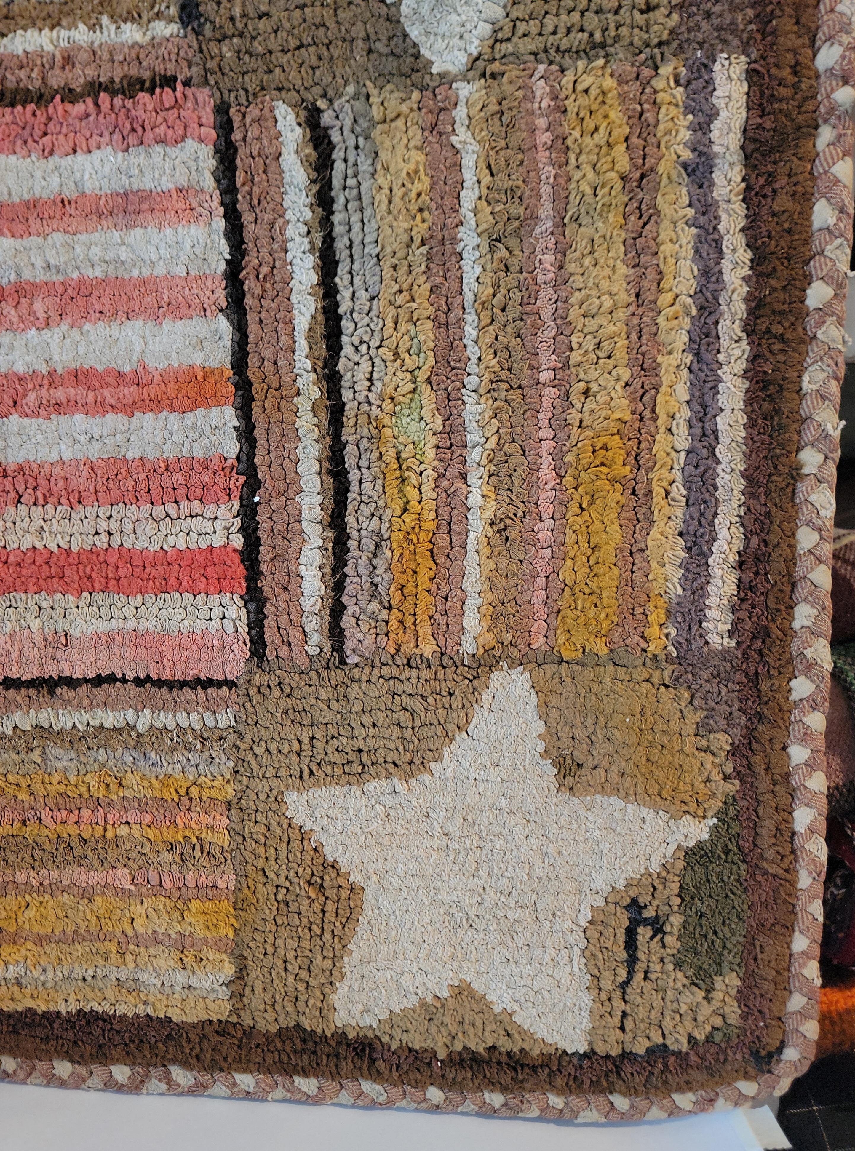 Fait main 19th C American Flag and Stars Hand Hooked Rug en vente