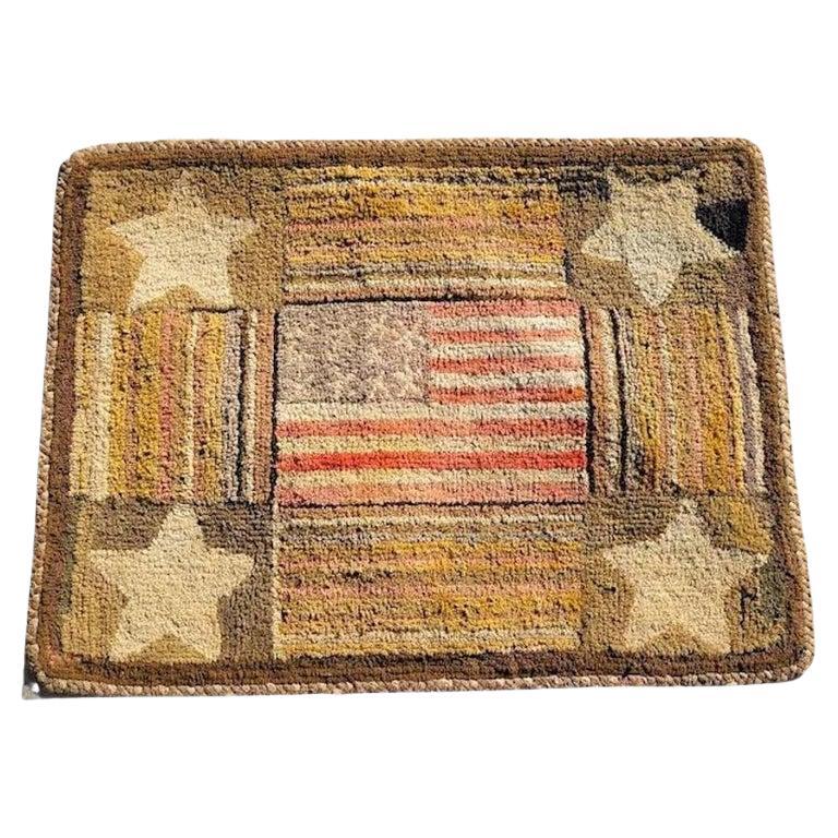 19th C American Flag and Stars Hand Hooked Rug For Sale