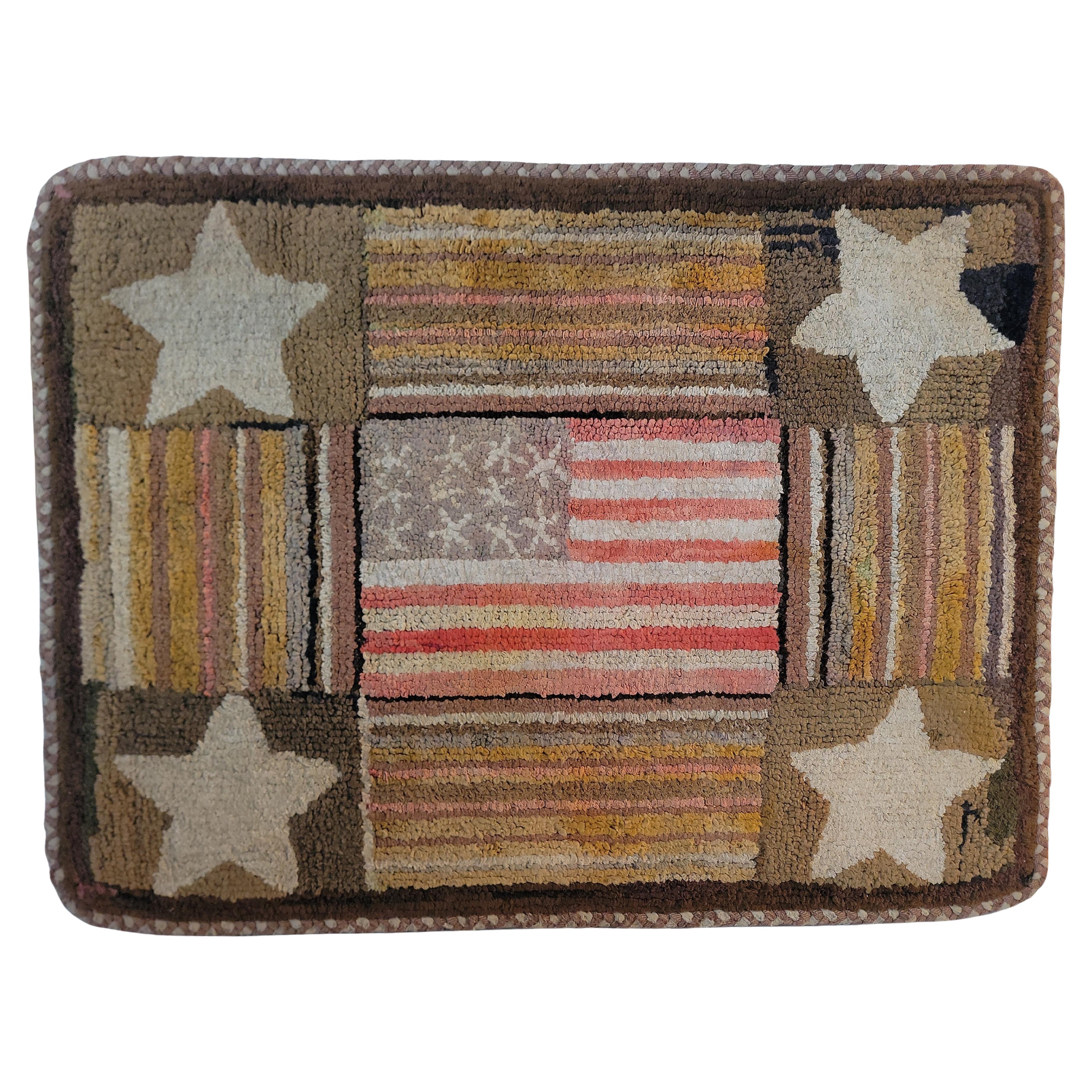 19th C American Flag and Stars Hand Hooked Rug
