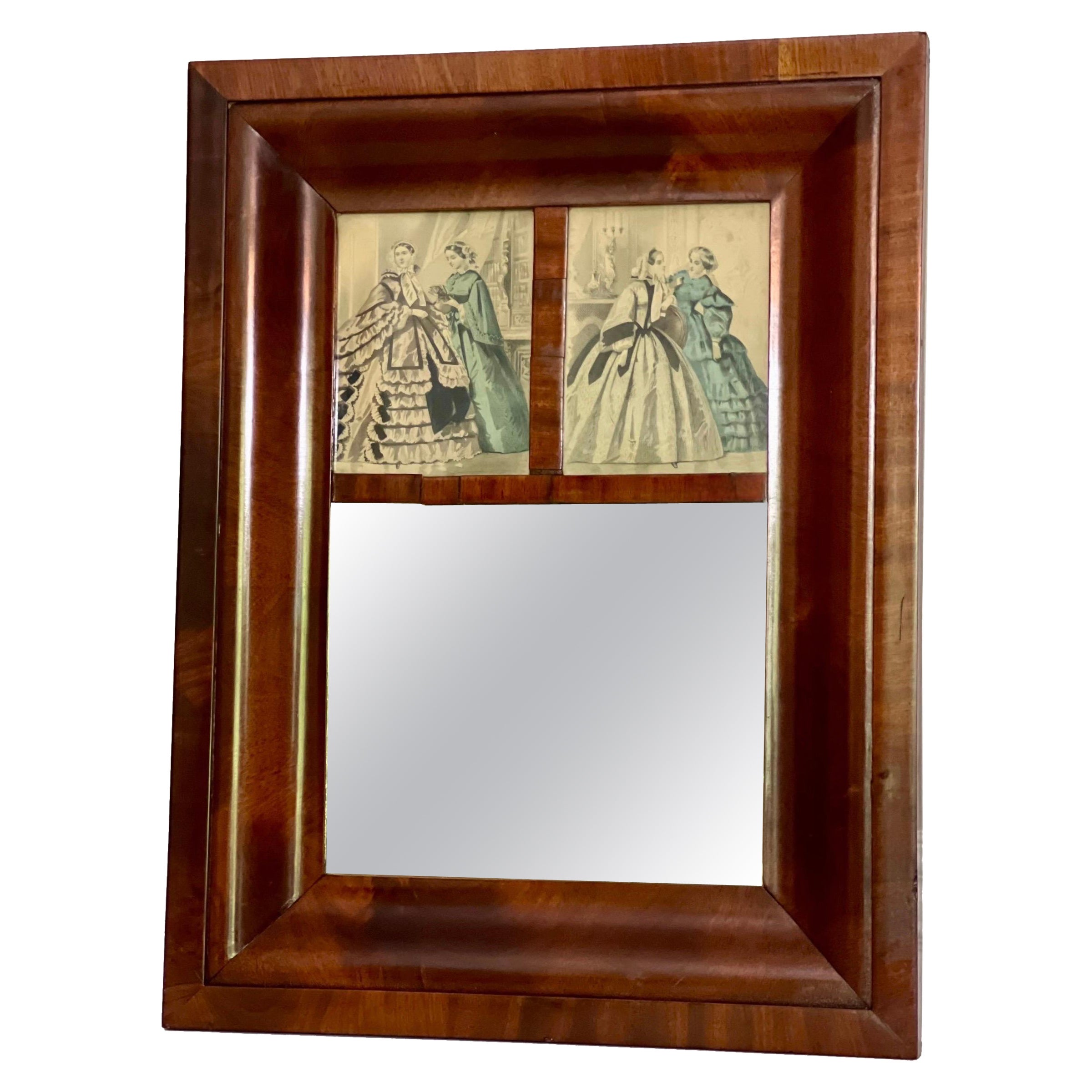19th C. American Flame Mahogany Ogee Mirror with Period French Fashion Prints For Sale