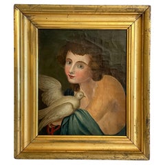 19th C American Folk Art Portrait Painting in Original Period Lemon Gilt Frame