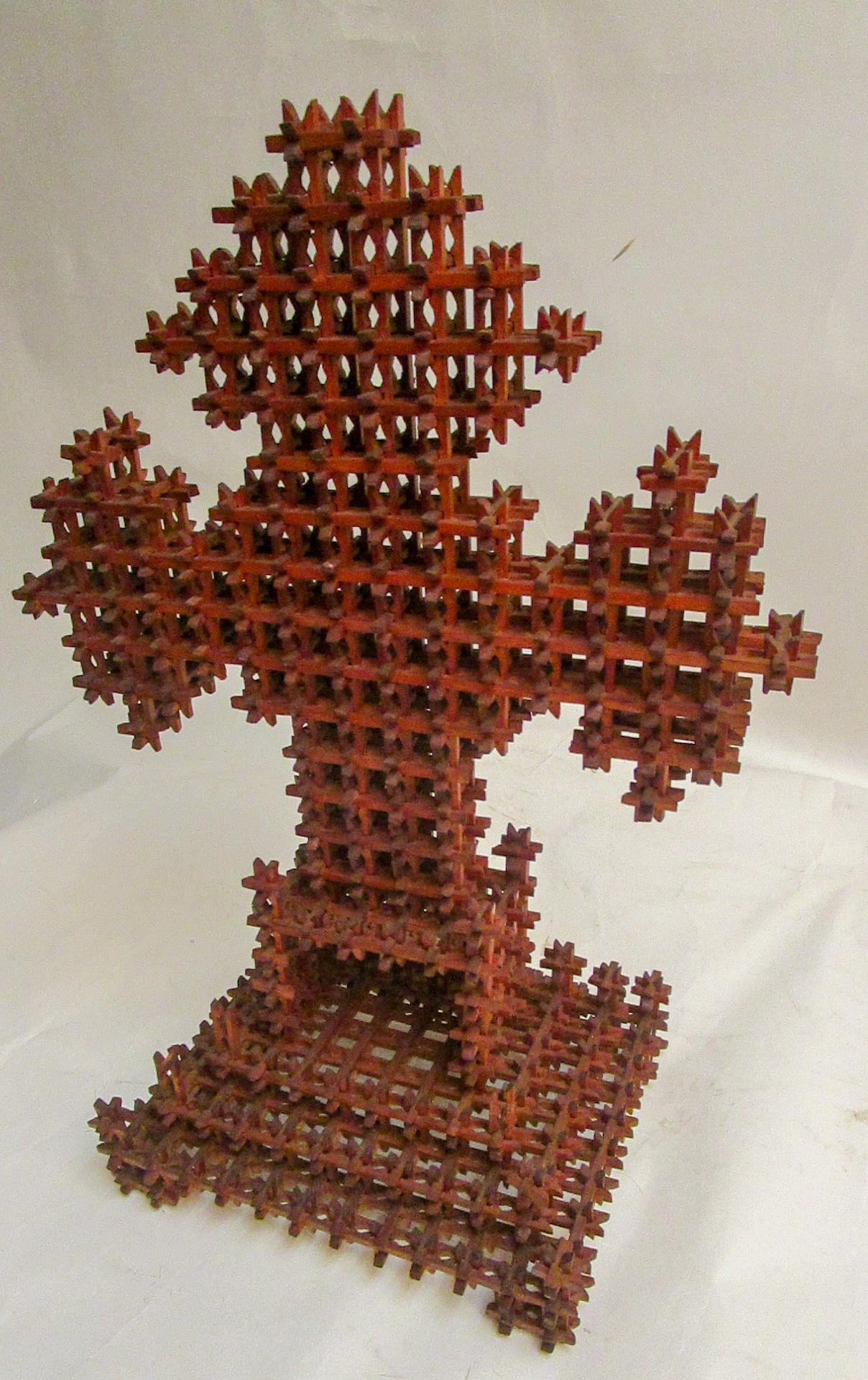 Folk Art 19th c. American Folk Tramp Art Crown of Thorns Cross in a Large Scale For Sale