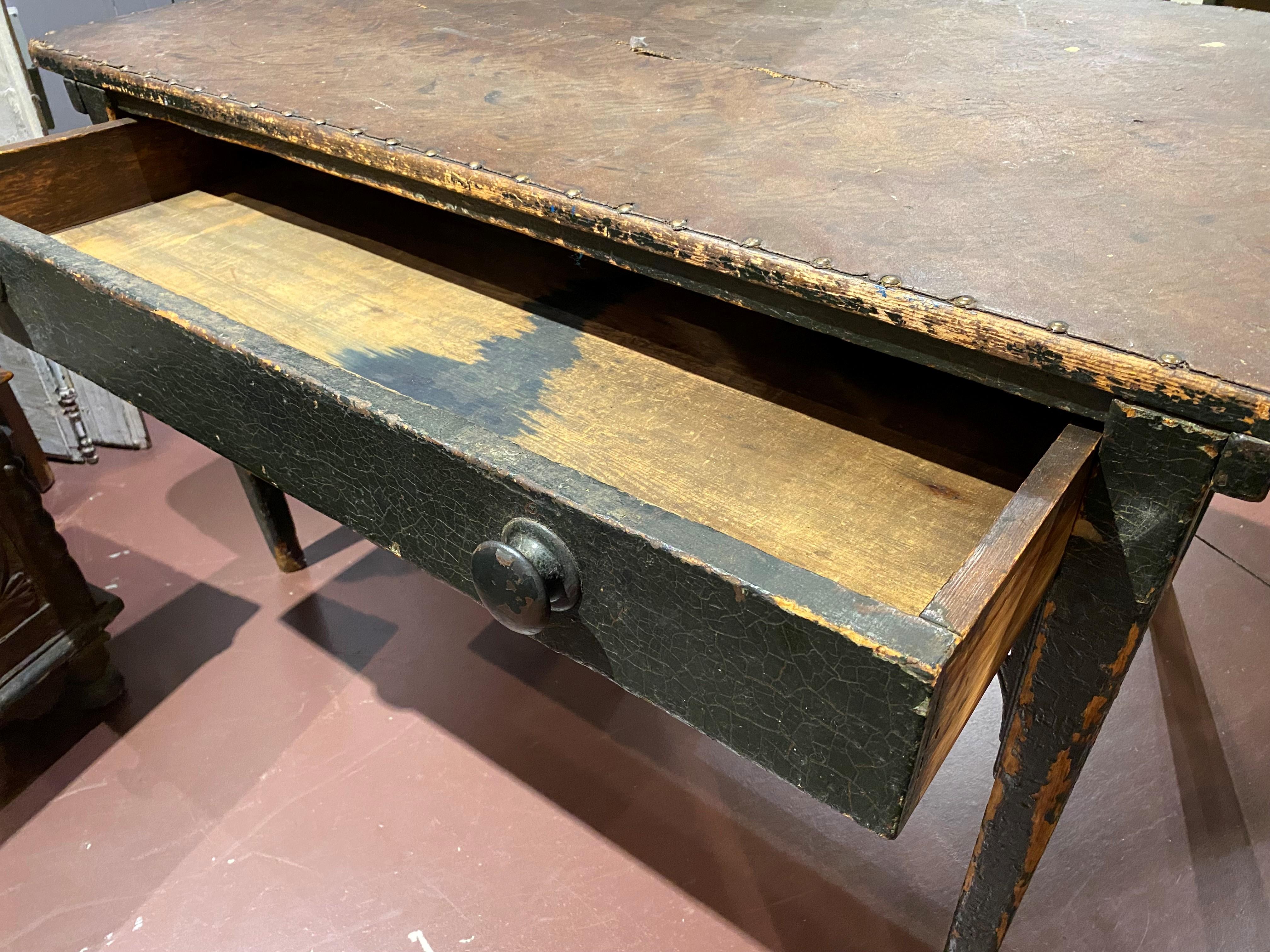19th C American Industrial Wooden Work Table in Green Paint with Lined Top 7