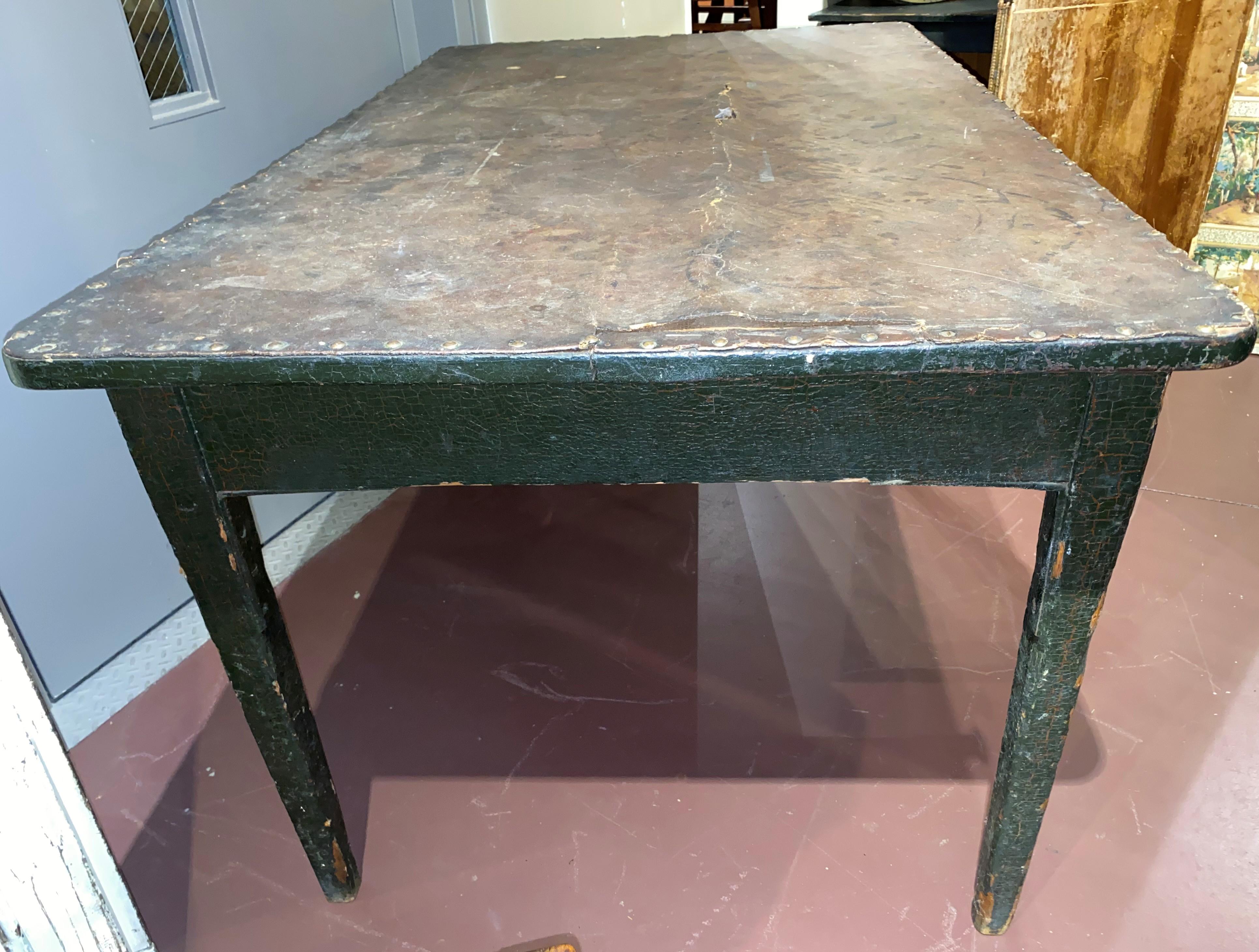 Pine 19th C American Industrial Wooden Work Table in Green Paint with Lined Top