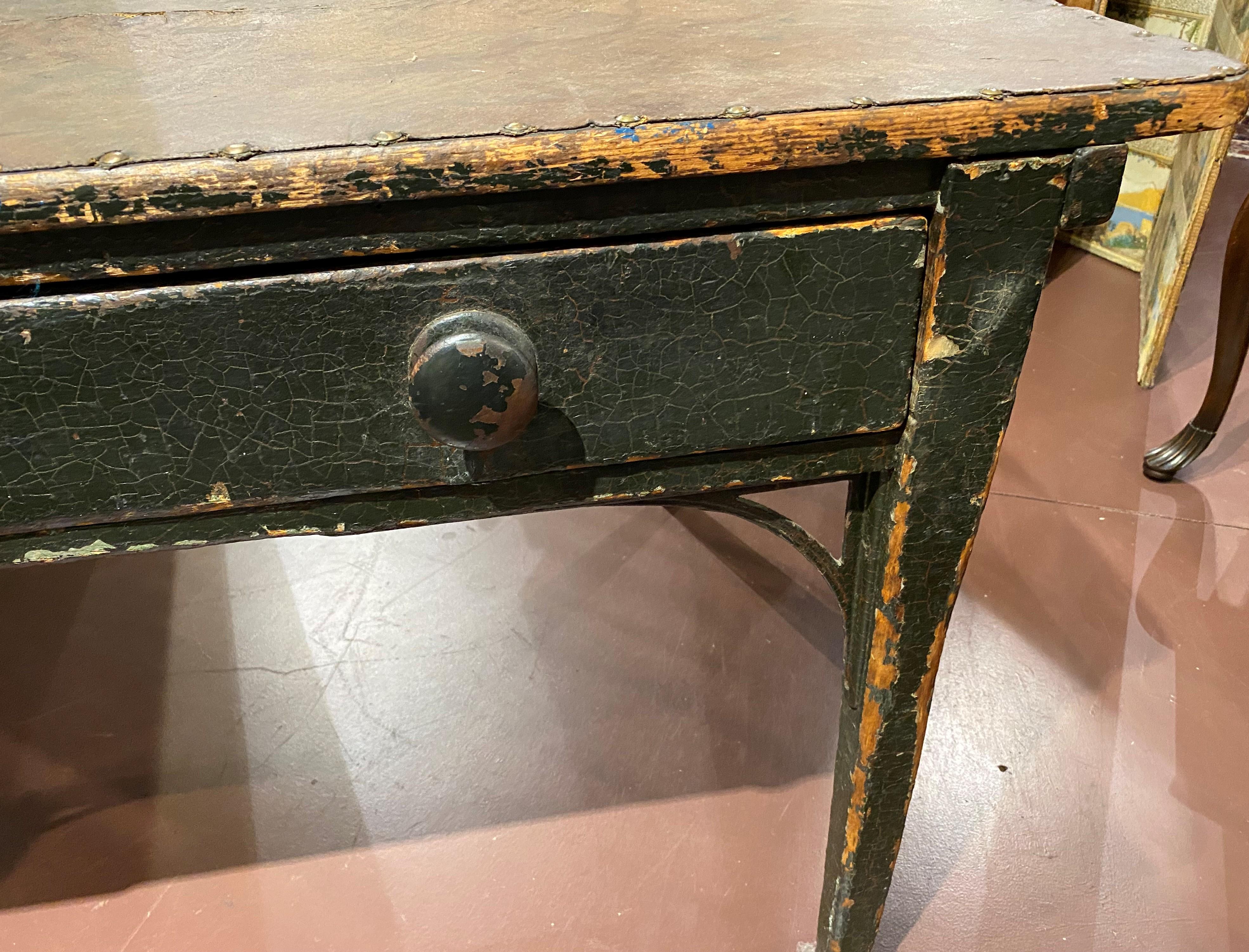 19th C American Industrial Wooden Work Table in Green Paint with Lined Top 3