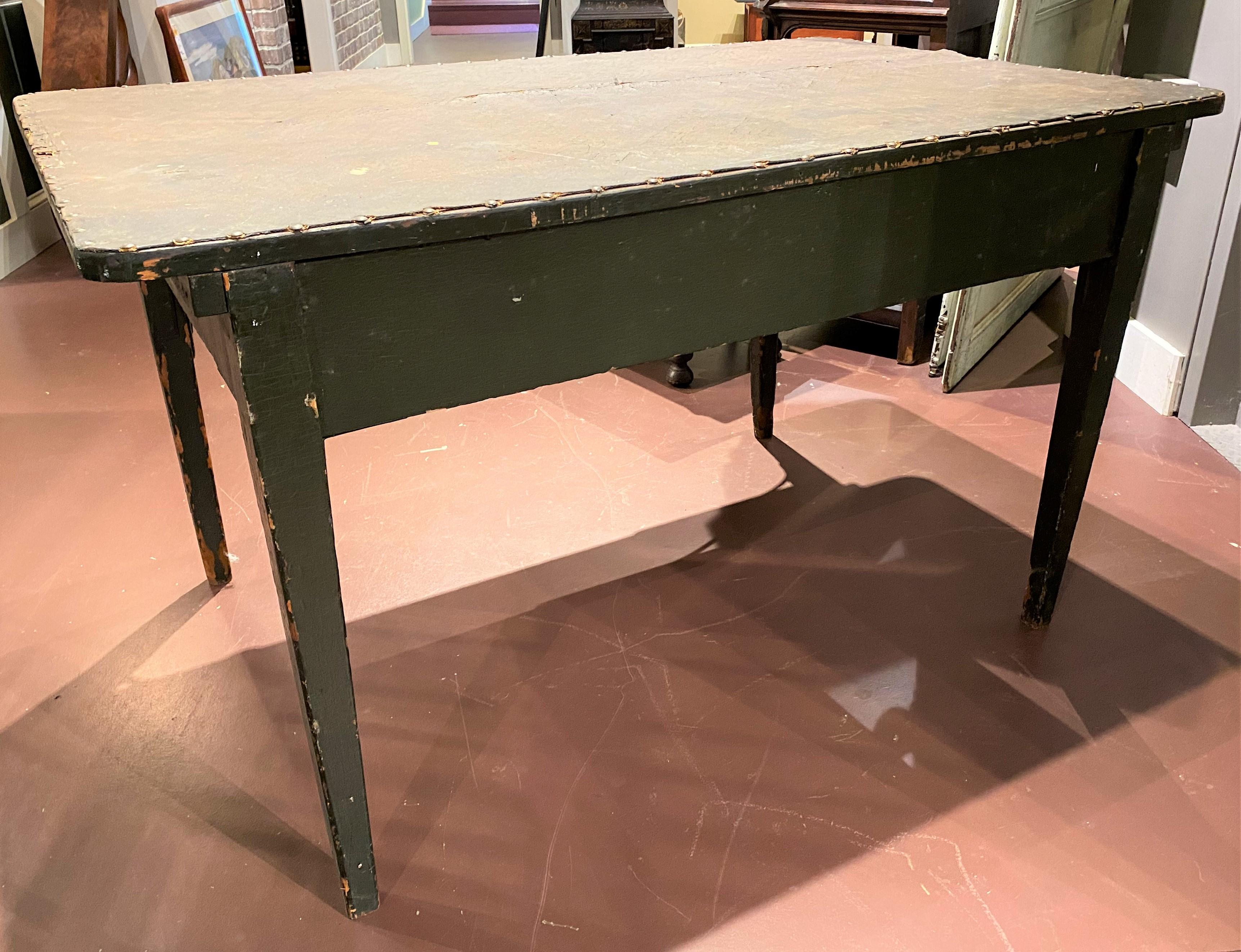 19th C American Industrial Wooden Work Table in Green Paint with Lined Top 4