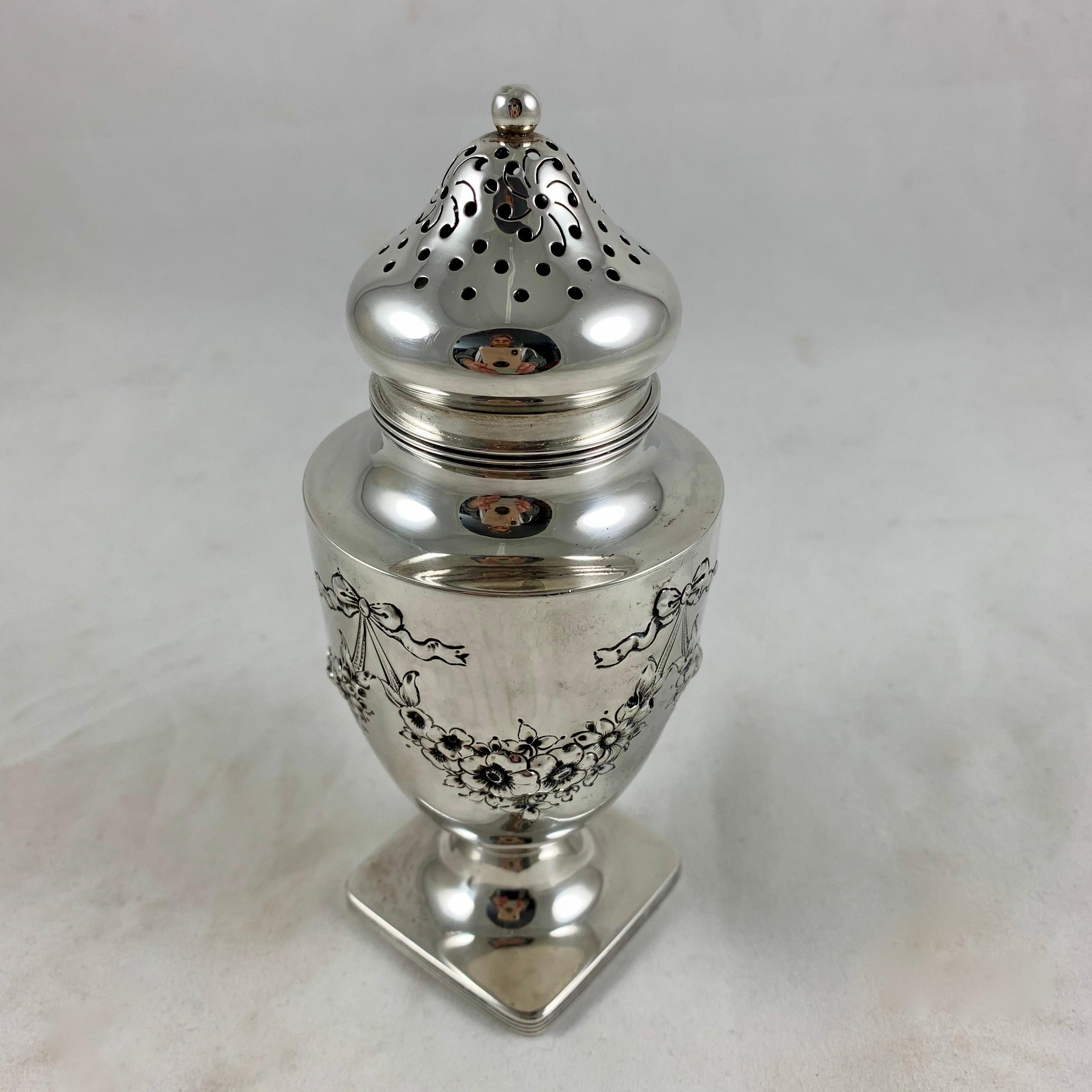 American Classical 19th Century American Lebkuechar & Co. Sterling Silver Floral & Bow Sugar Caster
