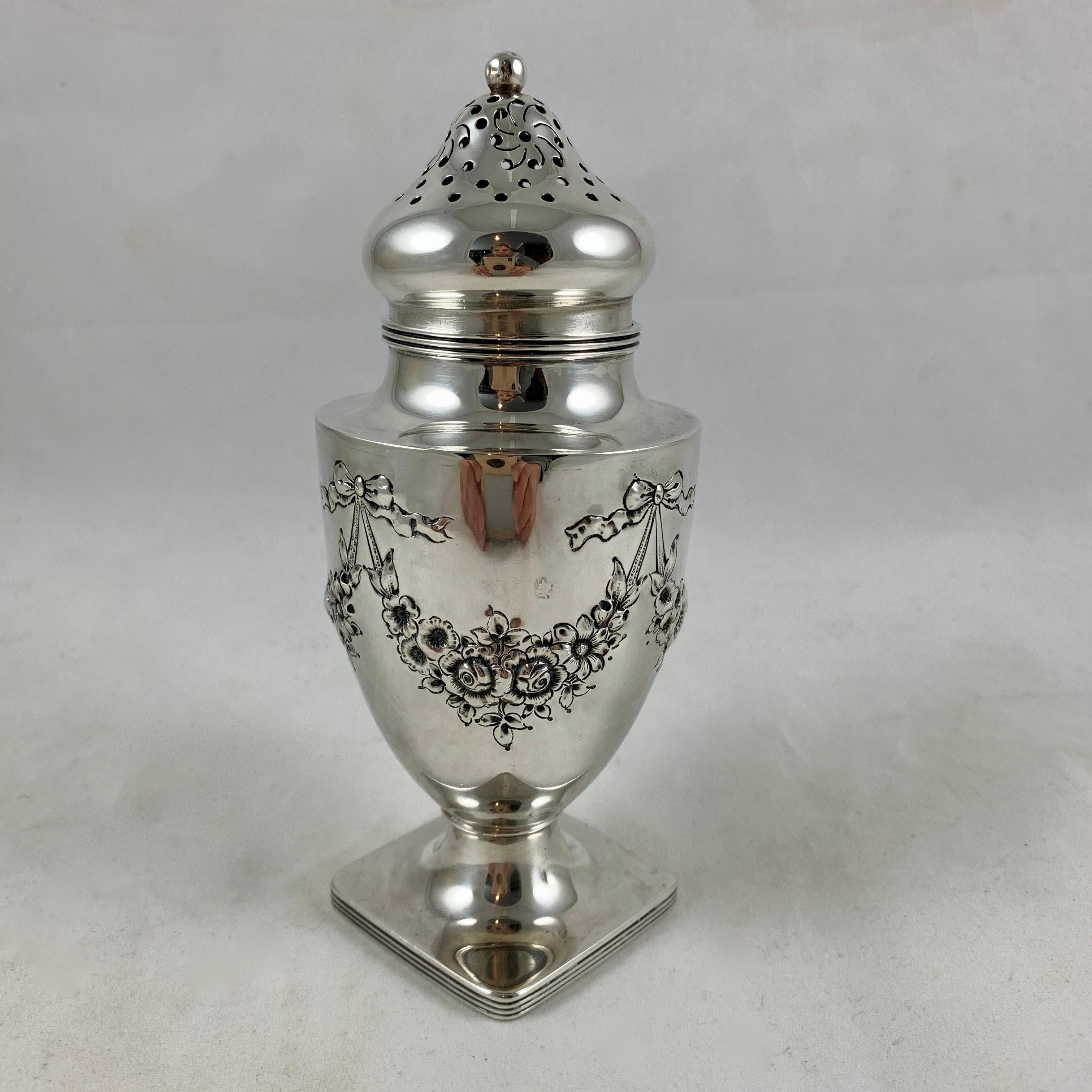 Hand-Crafted 19th Century American Lebkuechar & Co. Sterling Silver Floral & Bow Sugar Caster