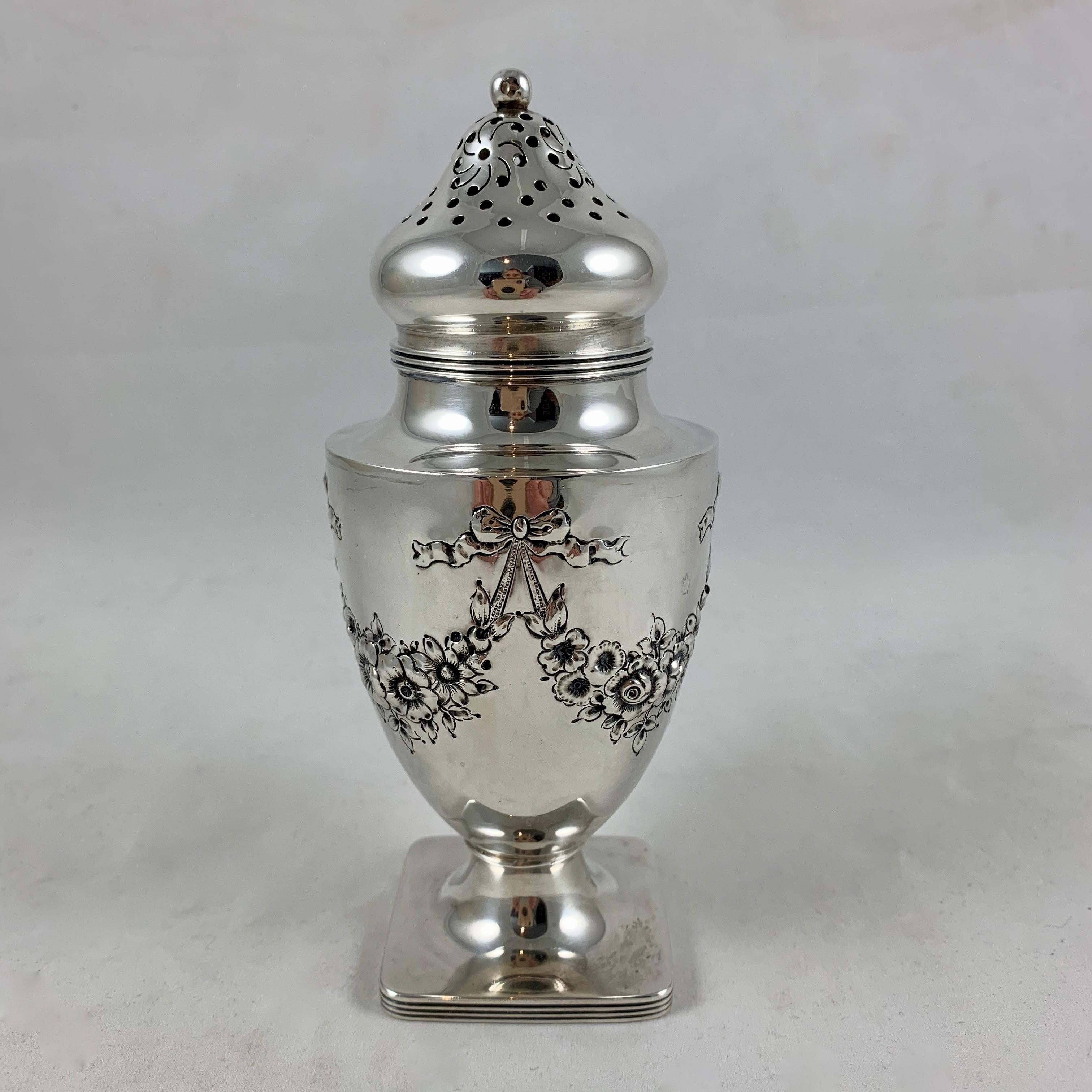 19th Century American Lebkuechar & Co. Sterling Silver Floral & Bow Sugar Caster In Good Condition In Philadelphia, PA