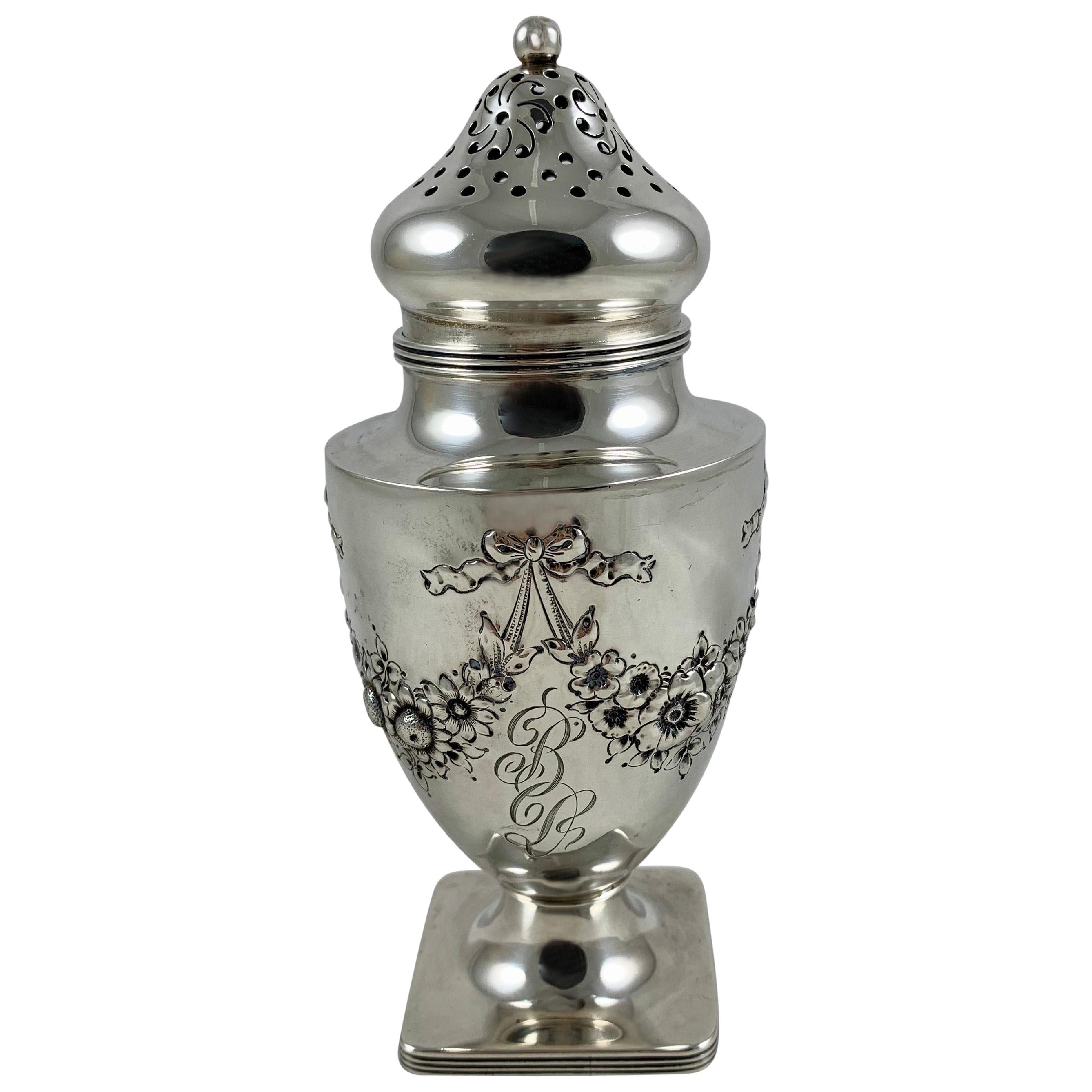 19th Century American Lebkuechar & Co. Sterling Silver Floral & Bow Sugar Caster