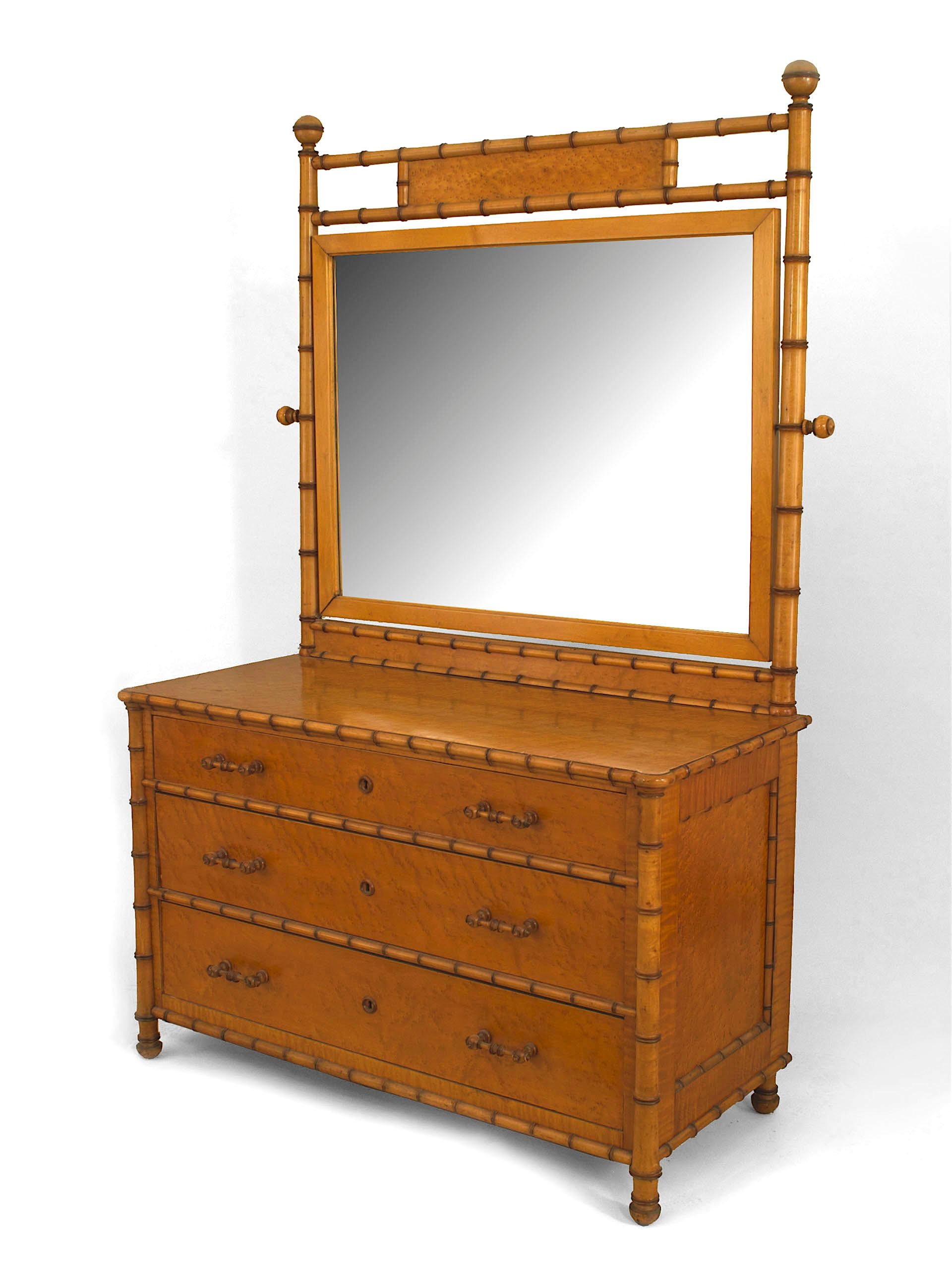 American Victorian faux bamboo birds eye maple 3 drawer dresser with large mirror in frame. (Attributed to R. J. Horner)
