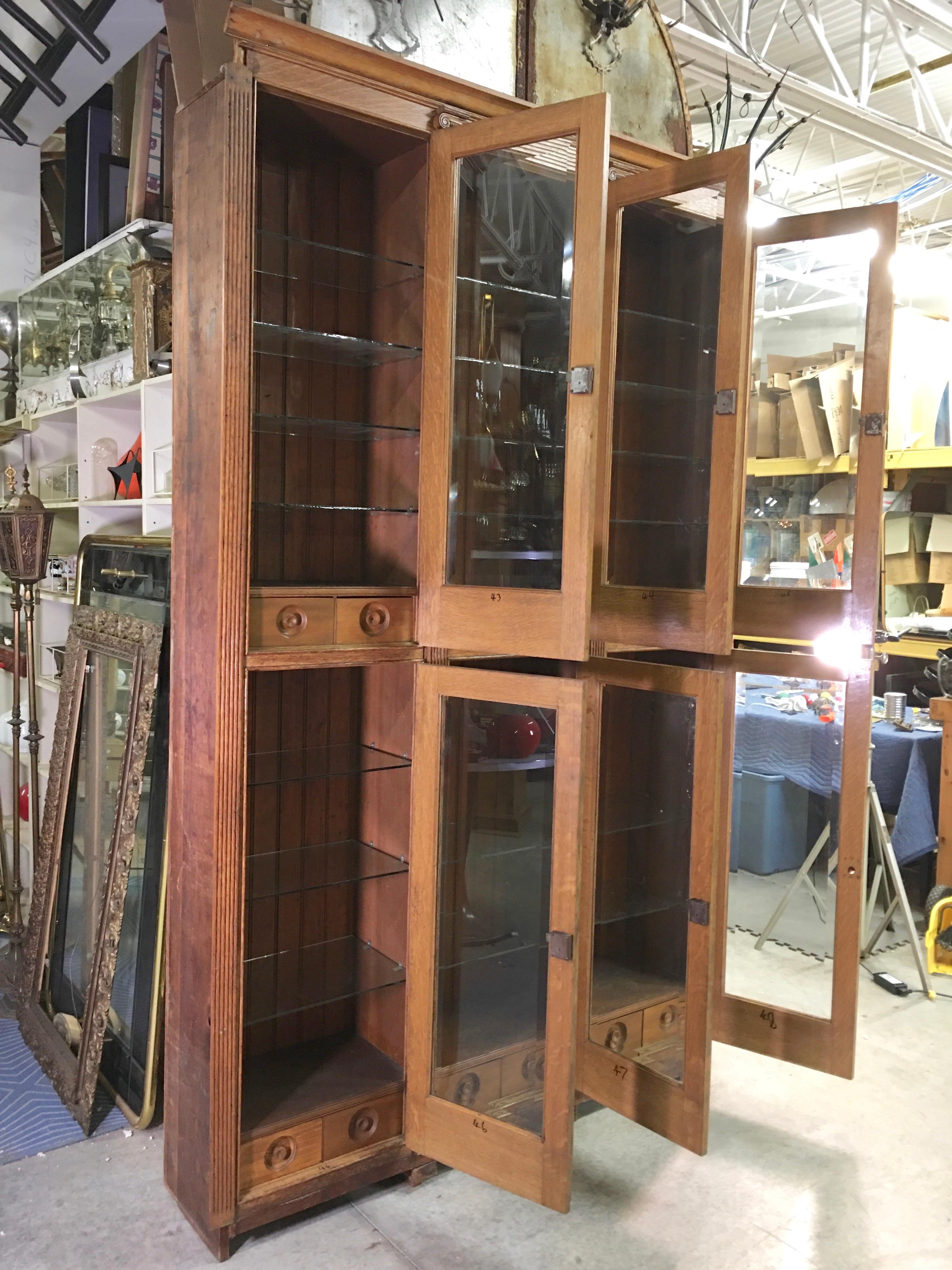 Beveled 19th Century American Oak & Glass Six-Door Cupboard For Sale