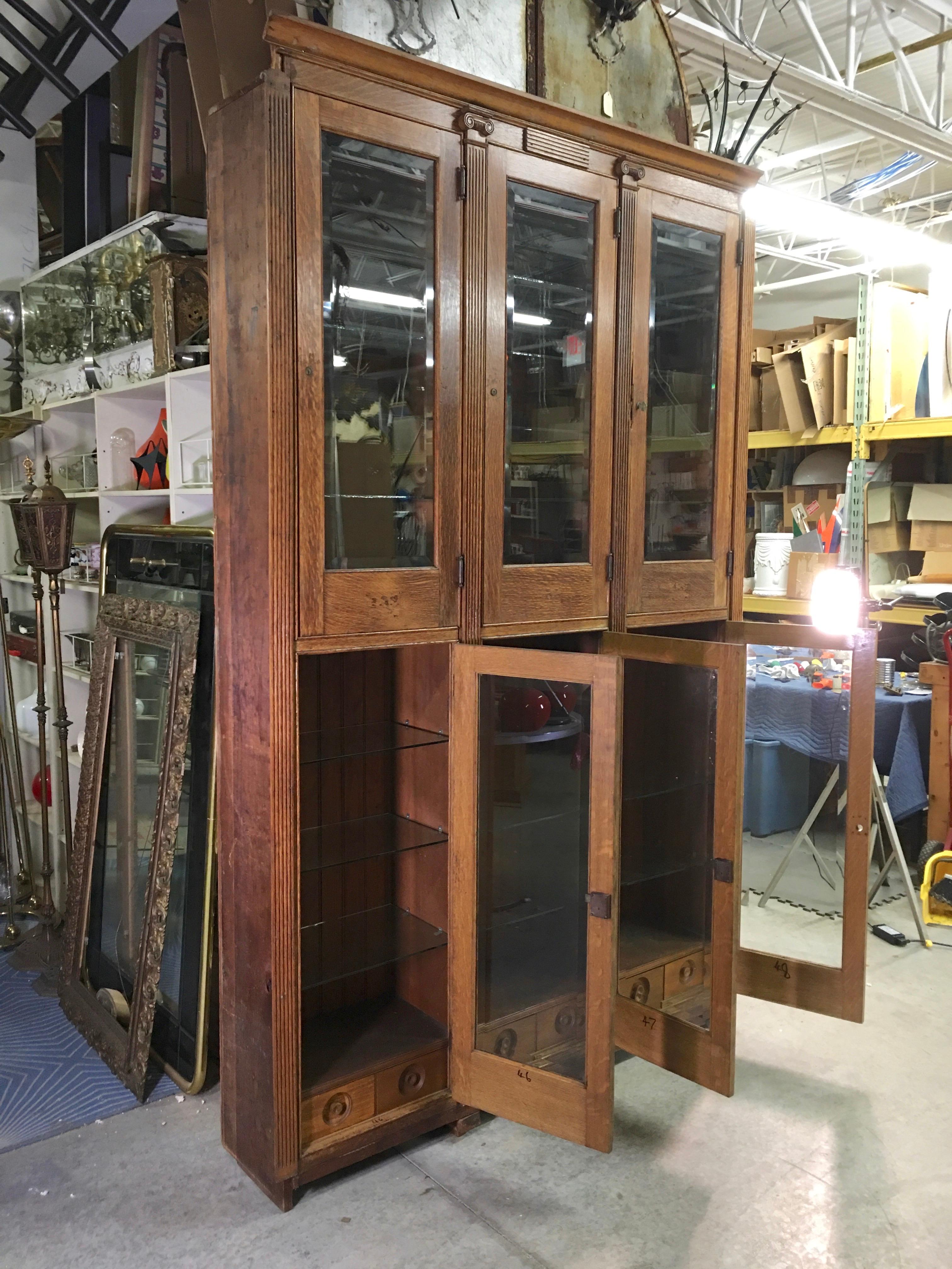 19th Century American Oak & Glass Six-Door Cupboard For Sale 1