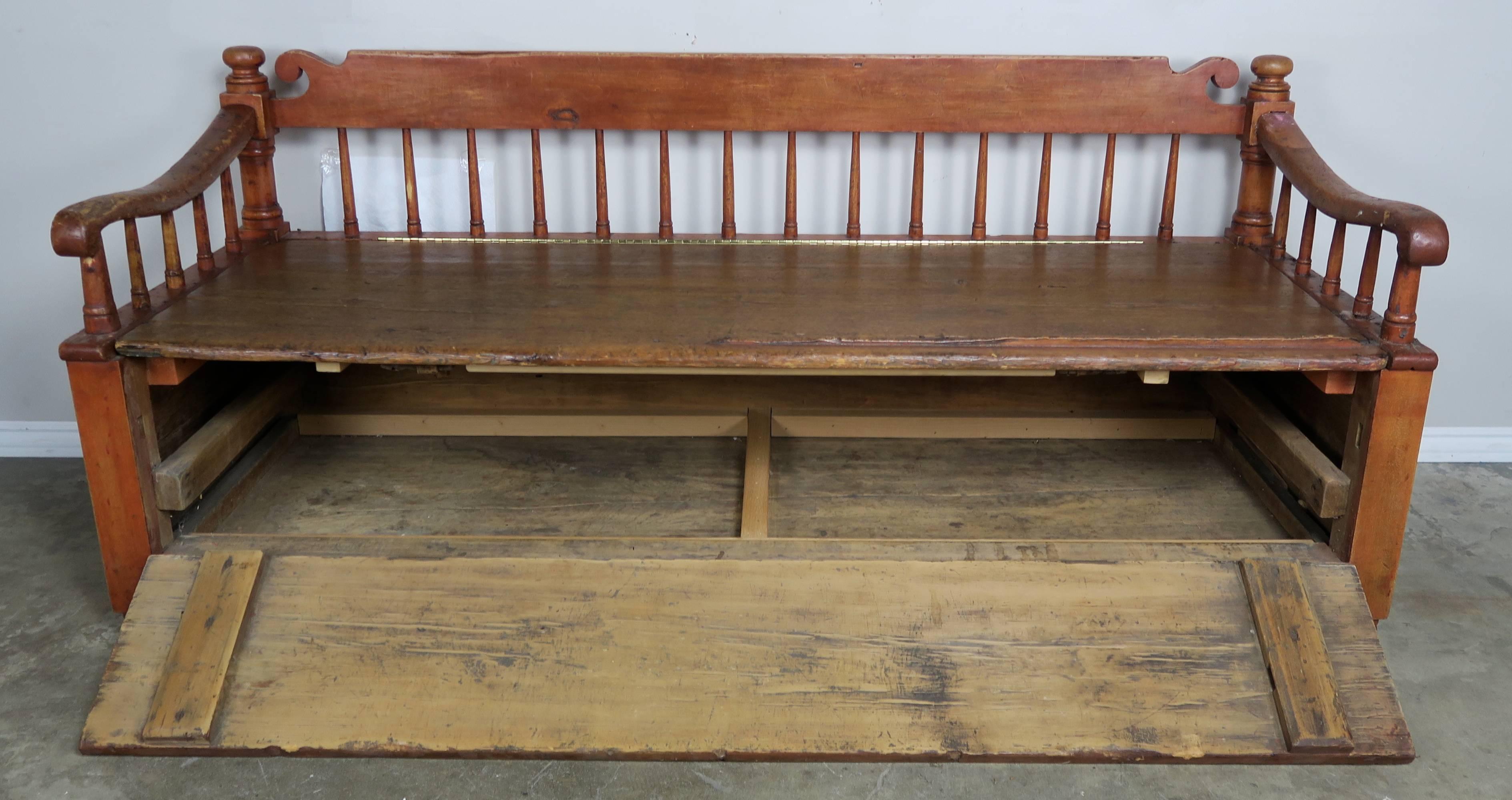 19th Century American Painted Storage Bench with Down Cushion In Distressed Condition In Los Angeles, CA