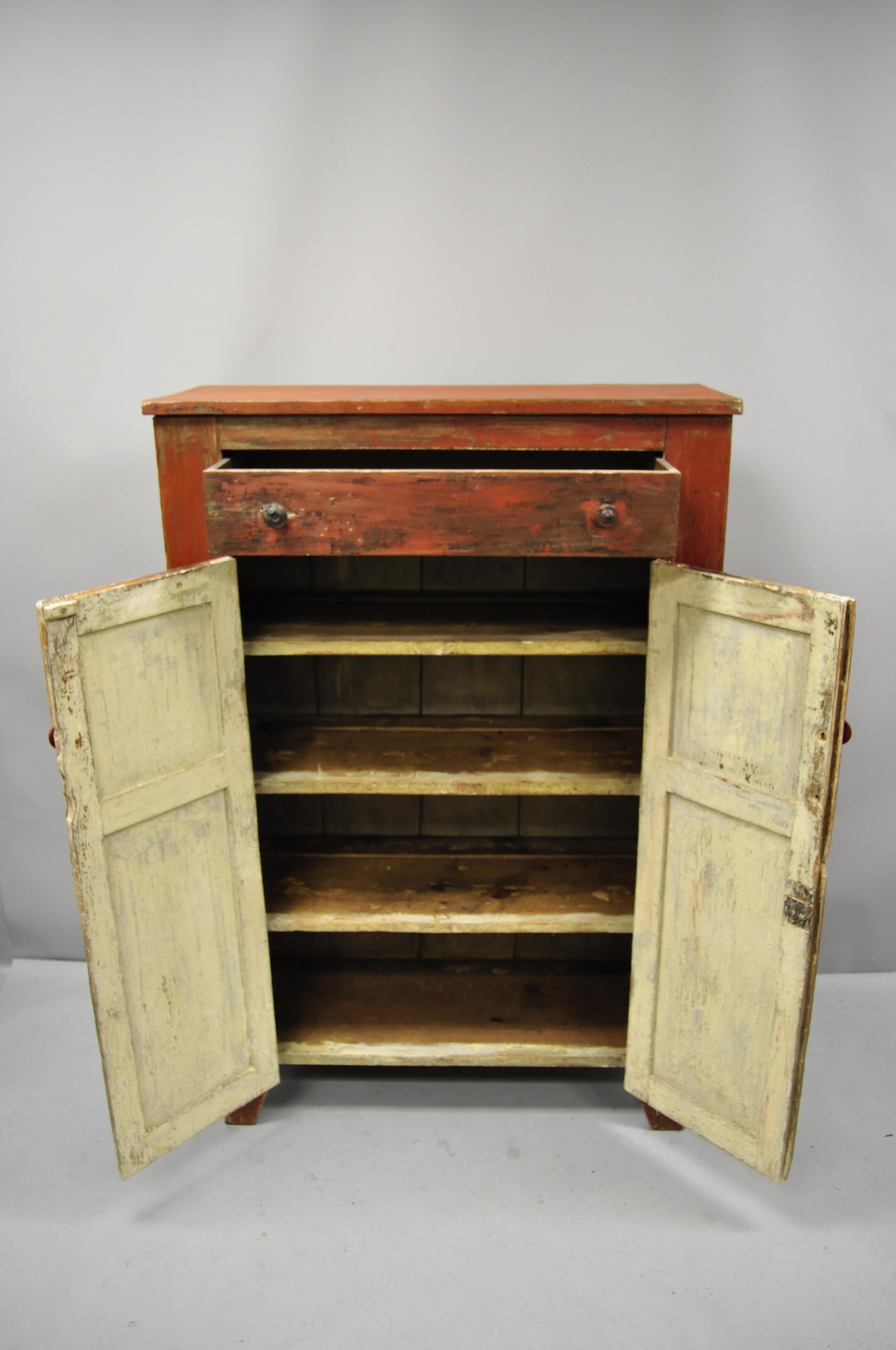 19th Century American Primitive Red Distress Painted Cupboard Hutch Pie Safe Cabinet