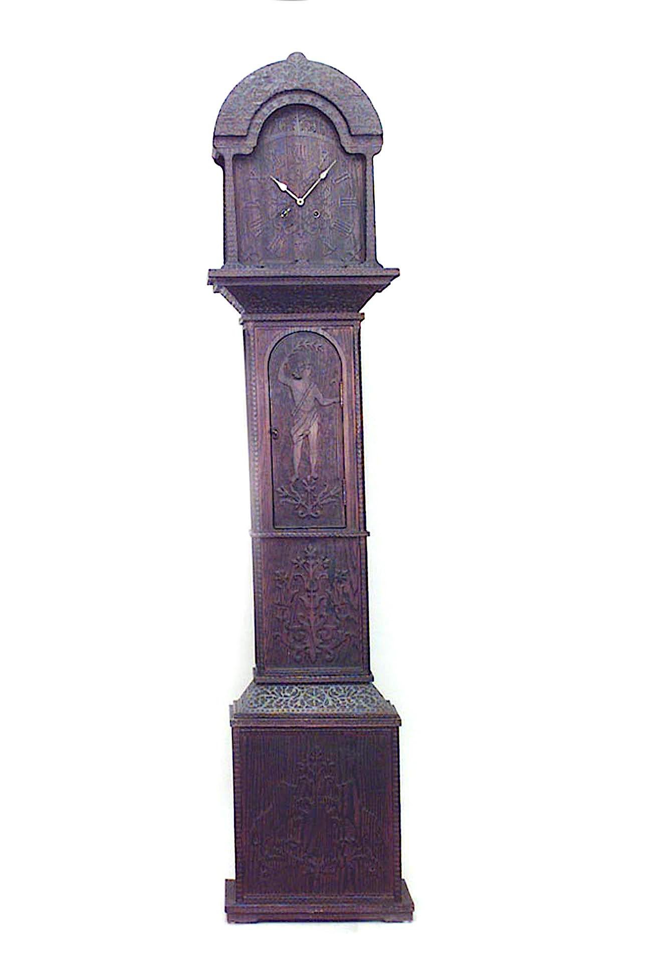 American Rustic Adirondack Tramp Art (19th Century) grandfather clock with arched pediment over relief carved figures & scrolling designs (Not working)
