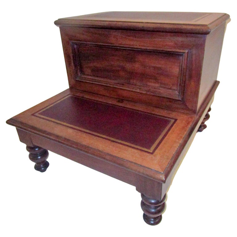 19th C American Sheraton Walnut Library Steps or Side Table w/Tooled Leather Top For Sale