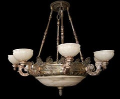 19th C. American Victorian Bronze Eight-Arm Justice Chandelier Alabaster Shades