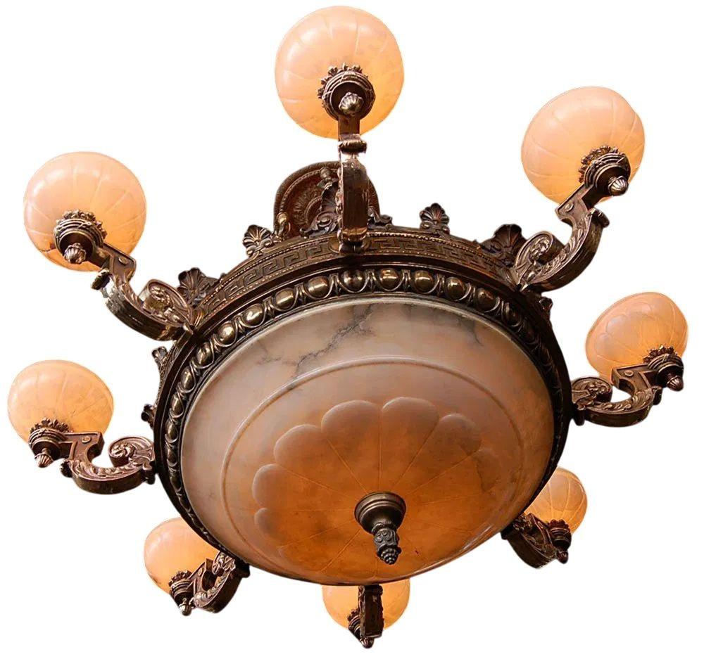 19th C. American Victorian Bronze Eight-Arm Justice Chandelier Alabaster Shades In Good Condition For Sale In Los Angeles, CA
