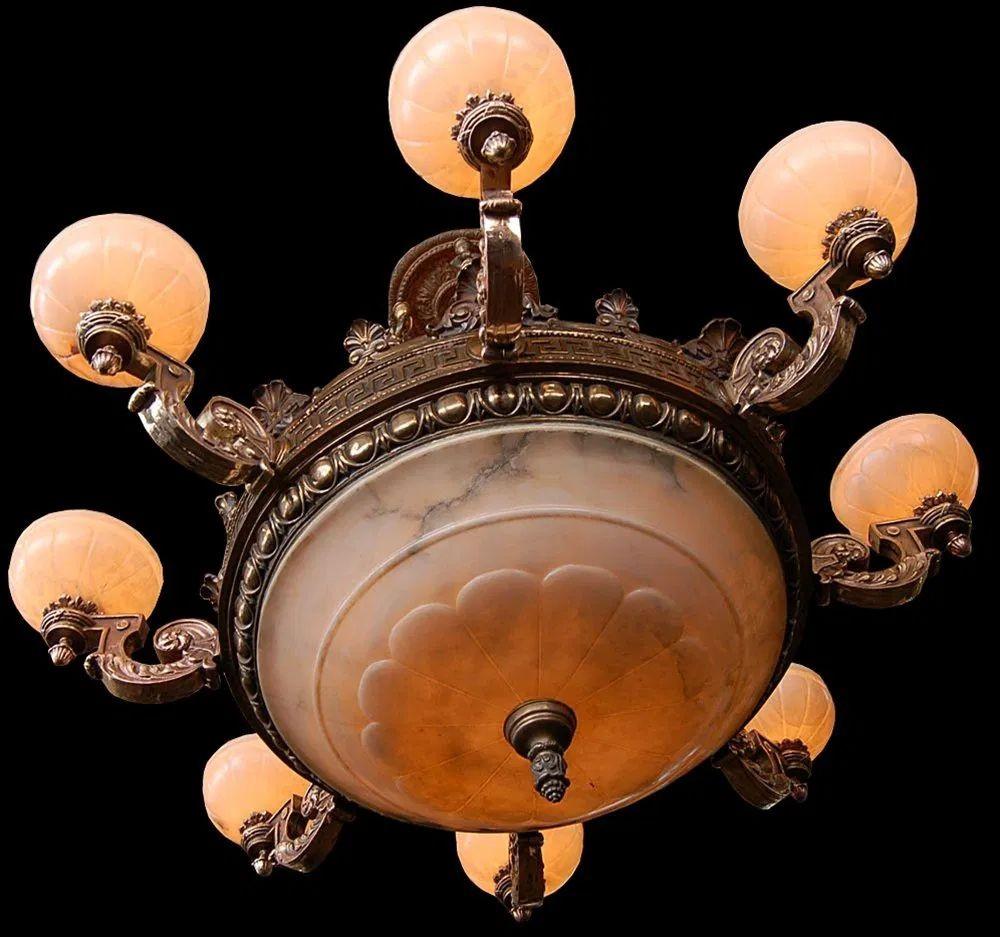 19th Century 19th C. American Victorian Bronze Eight-Arm Justice Chandelier Alabaster Shades For Sale