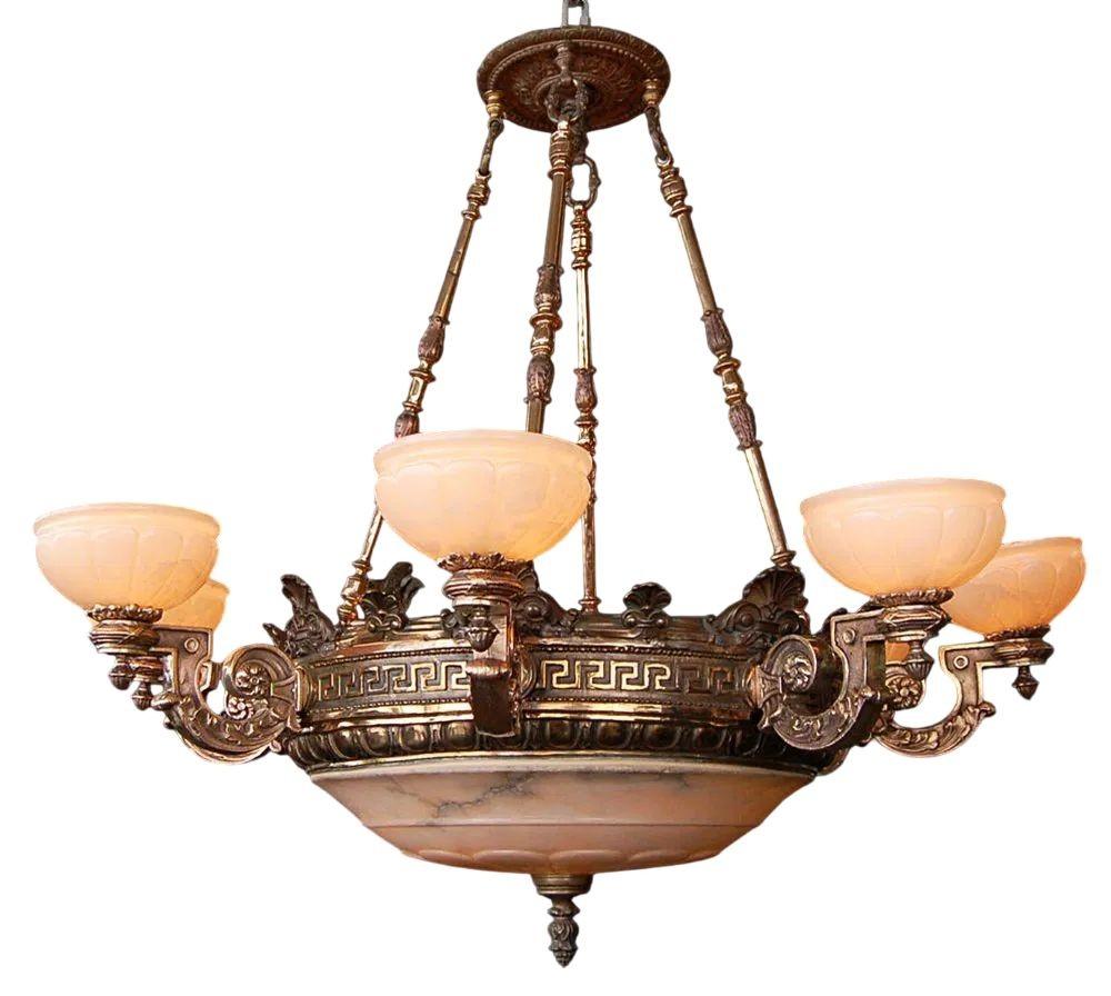 19th C. American Victorian Bronze Eight-Arm Justice Chandelier Alabaster Shades For Sale 1