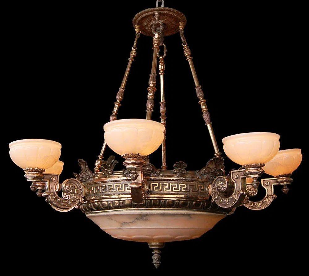19th C. American Victorian Bronze Eight-Arm Justice Chandelier Alabaster Shades For Sale 2