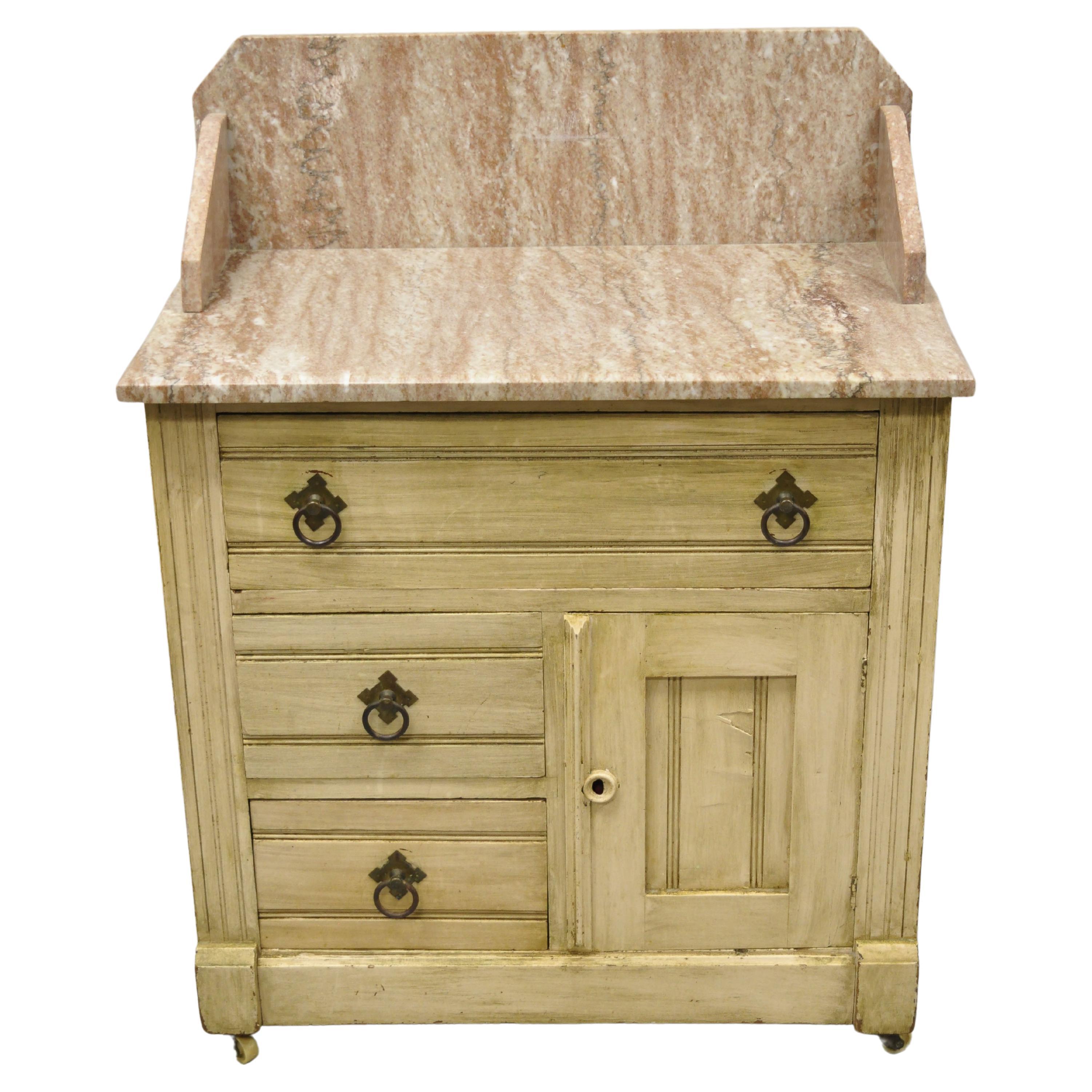 19th C. American Victorian Pink Marble Top Backsplash Washstand Table Cabinet For Sale