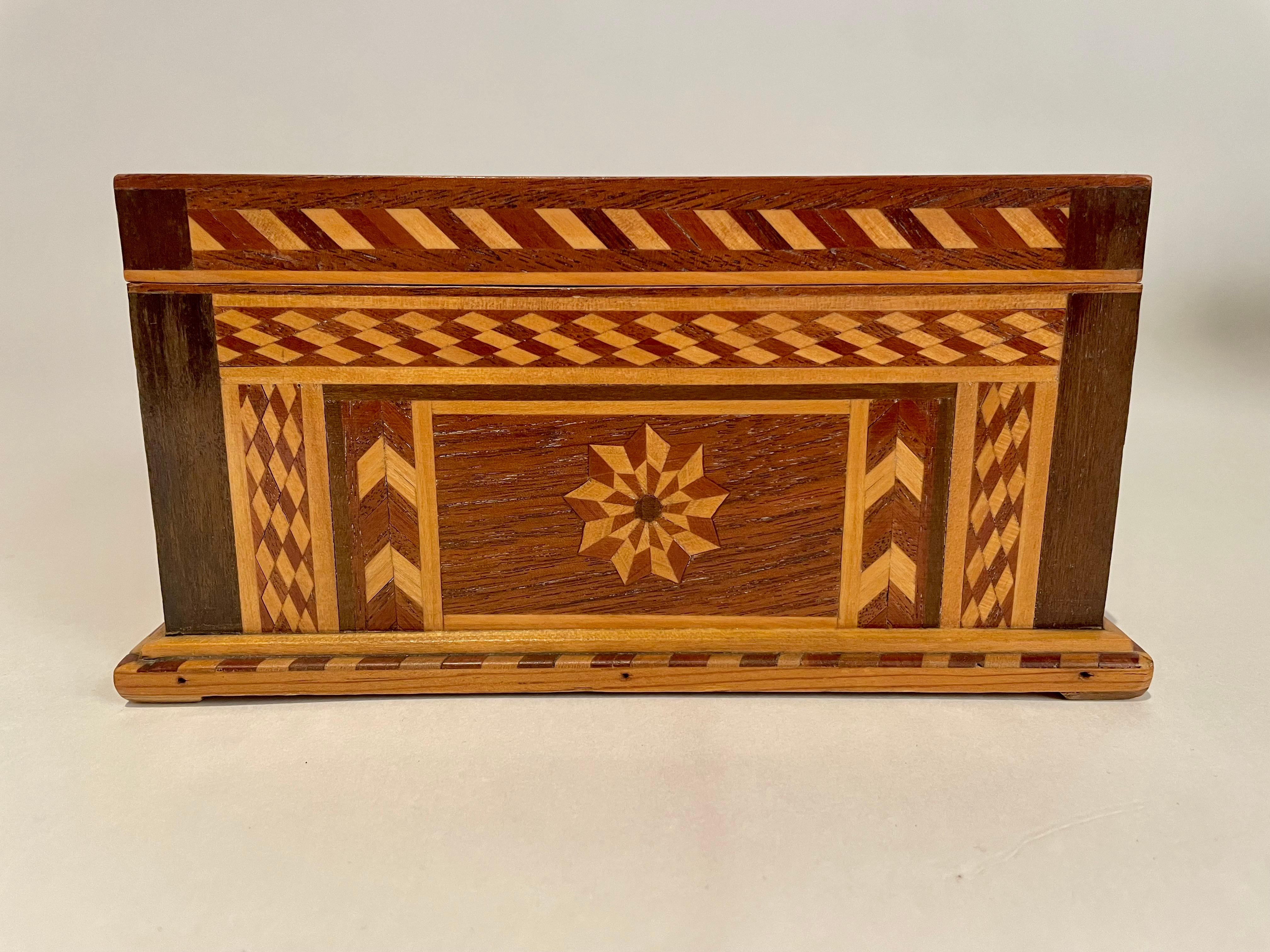 Arts and Crafts 19th C American Walnut Box With Geometric And Starburst Fruitwood Inlay