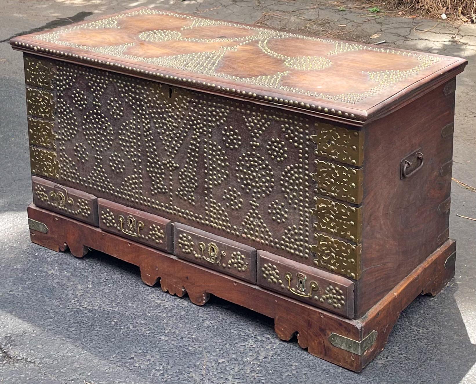 19th-C. Anglo-Indian Brass Clad Hand Forged Padauk Wood Trunk / Coffee Table In Good Condition In Kennesaw, GA