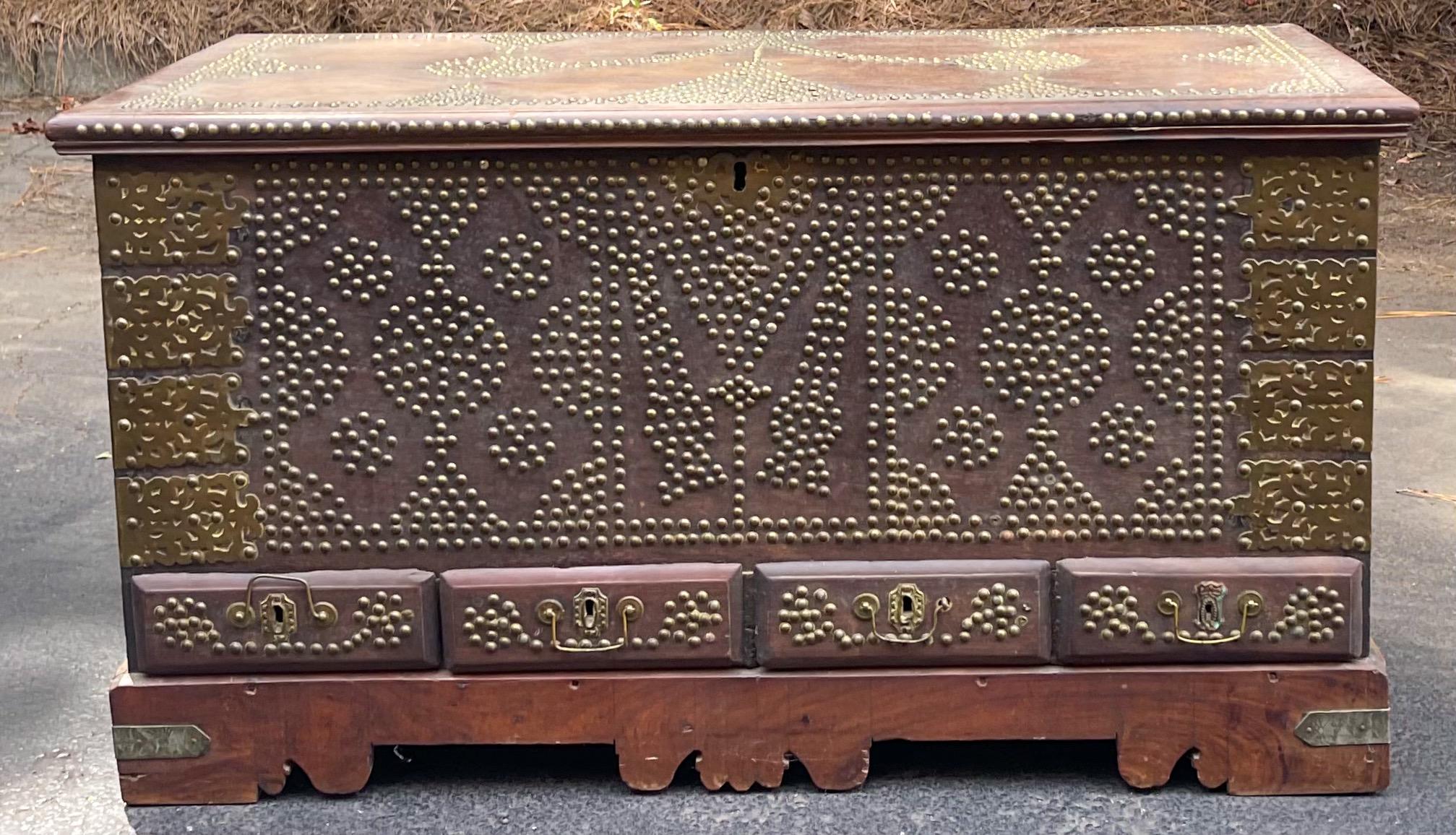 19th Century 19th-C. Anglo-Indian Brass Clad Hand Forged Padauk Wood Trunk / Coffee Table 
