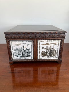 19th C. Anglo-Indian Hand Carved 4-Section Tea Caddy Inset W/ Tin Manganese Tile